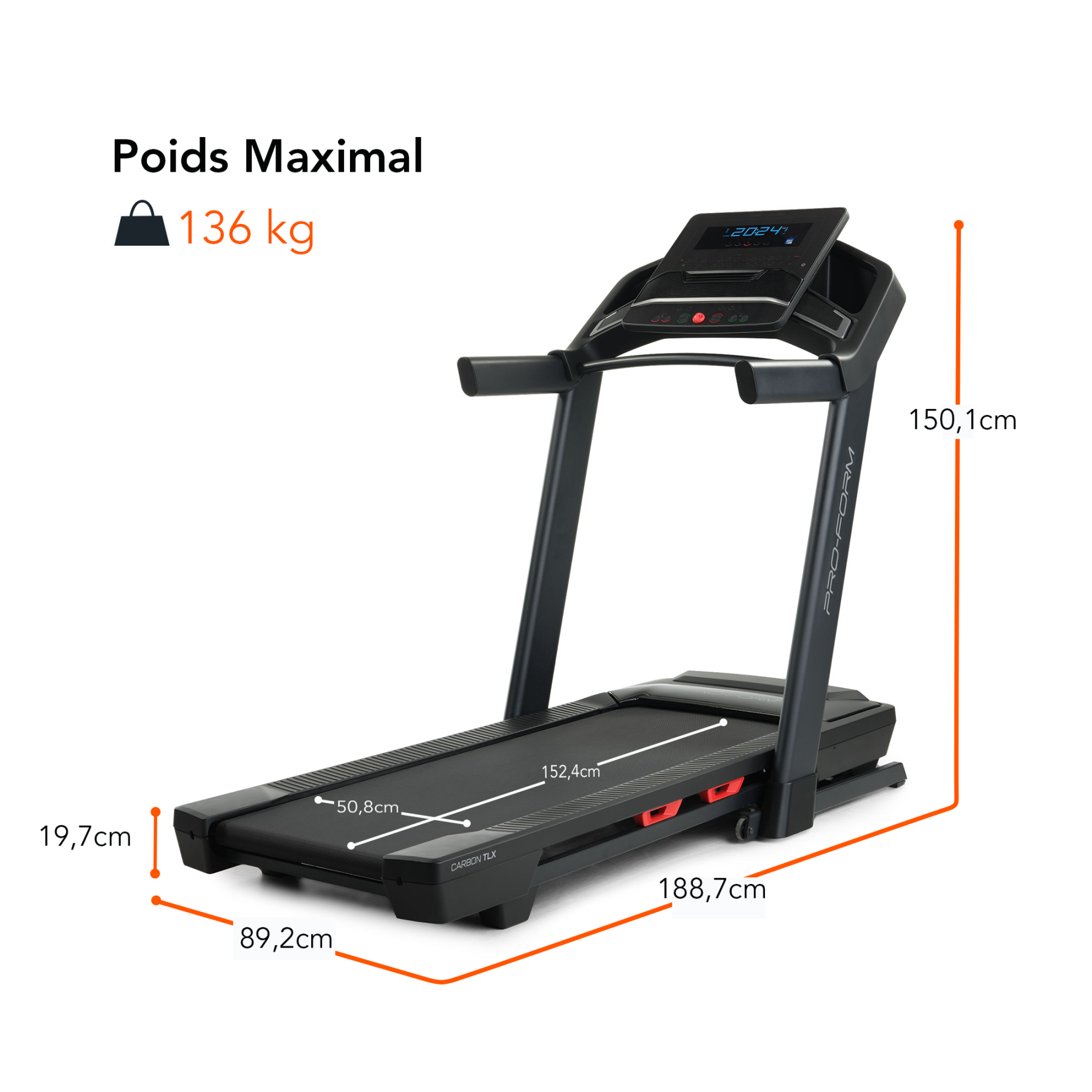 Ein schwarzes Laufband mit digitalen Anzeigen und Maßangaben.