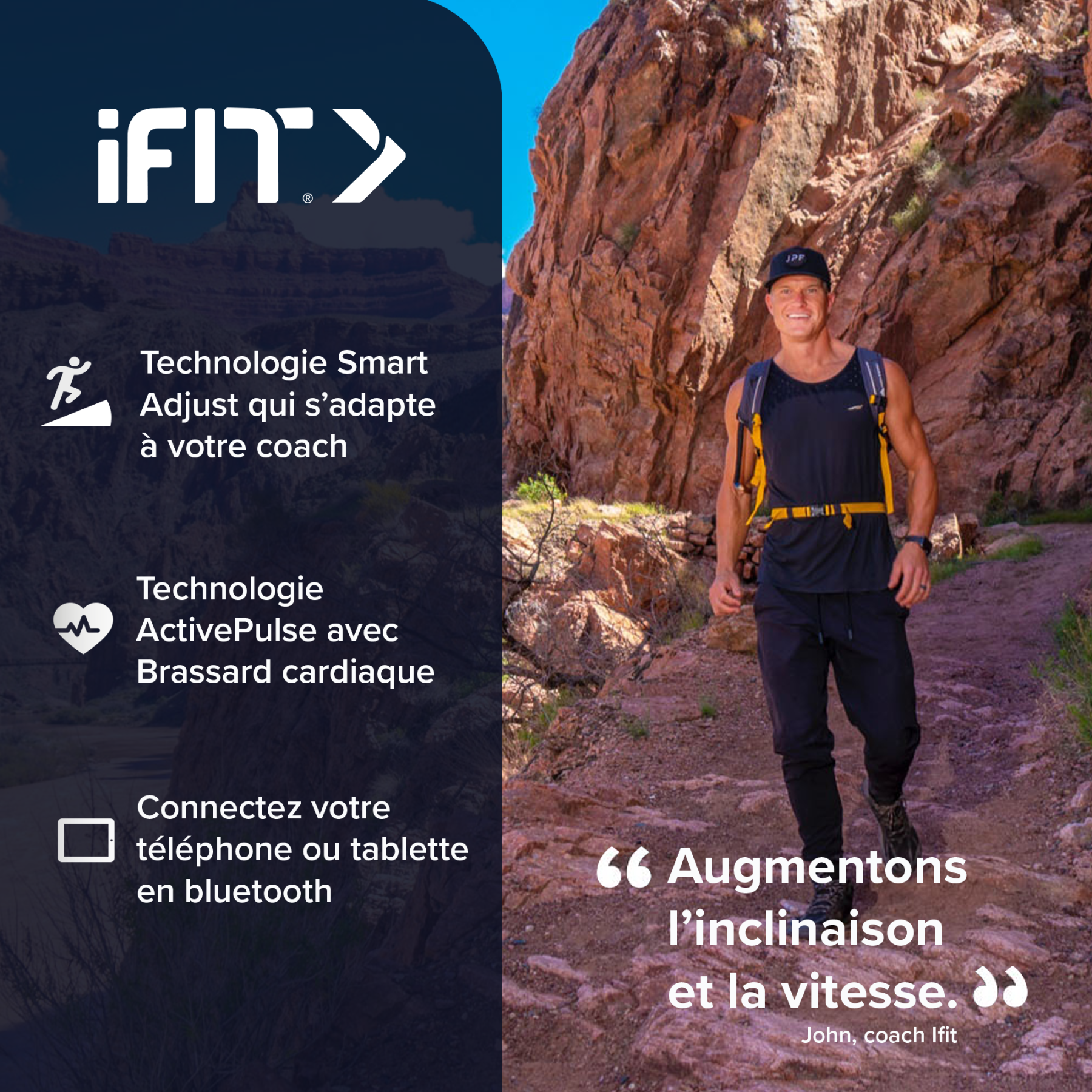 Mann wandert in Schlucht mit iFit-Logo und Trainingsfunktionen.