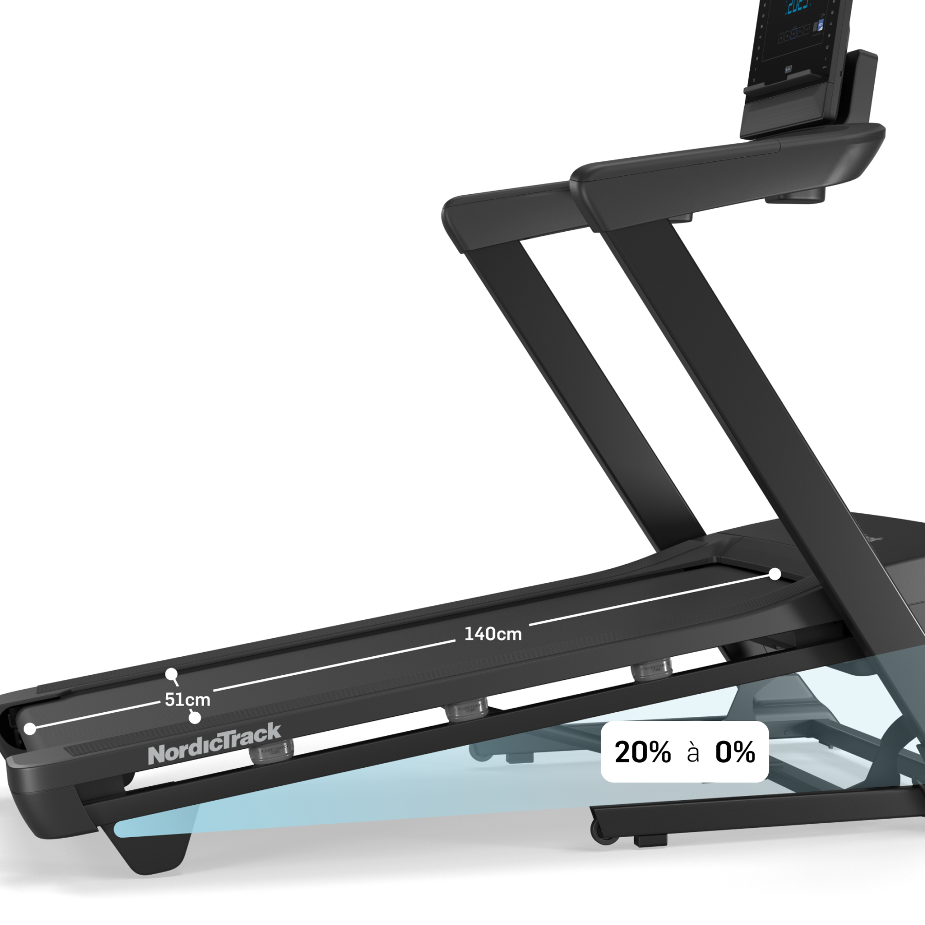 Schwarzes Laufband mit Steigungsanzeige (20% auf 0%) und Maßen (51cm, 140cm).