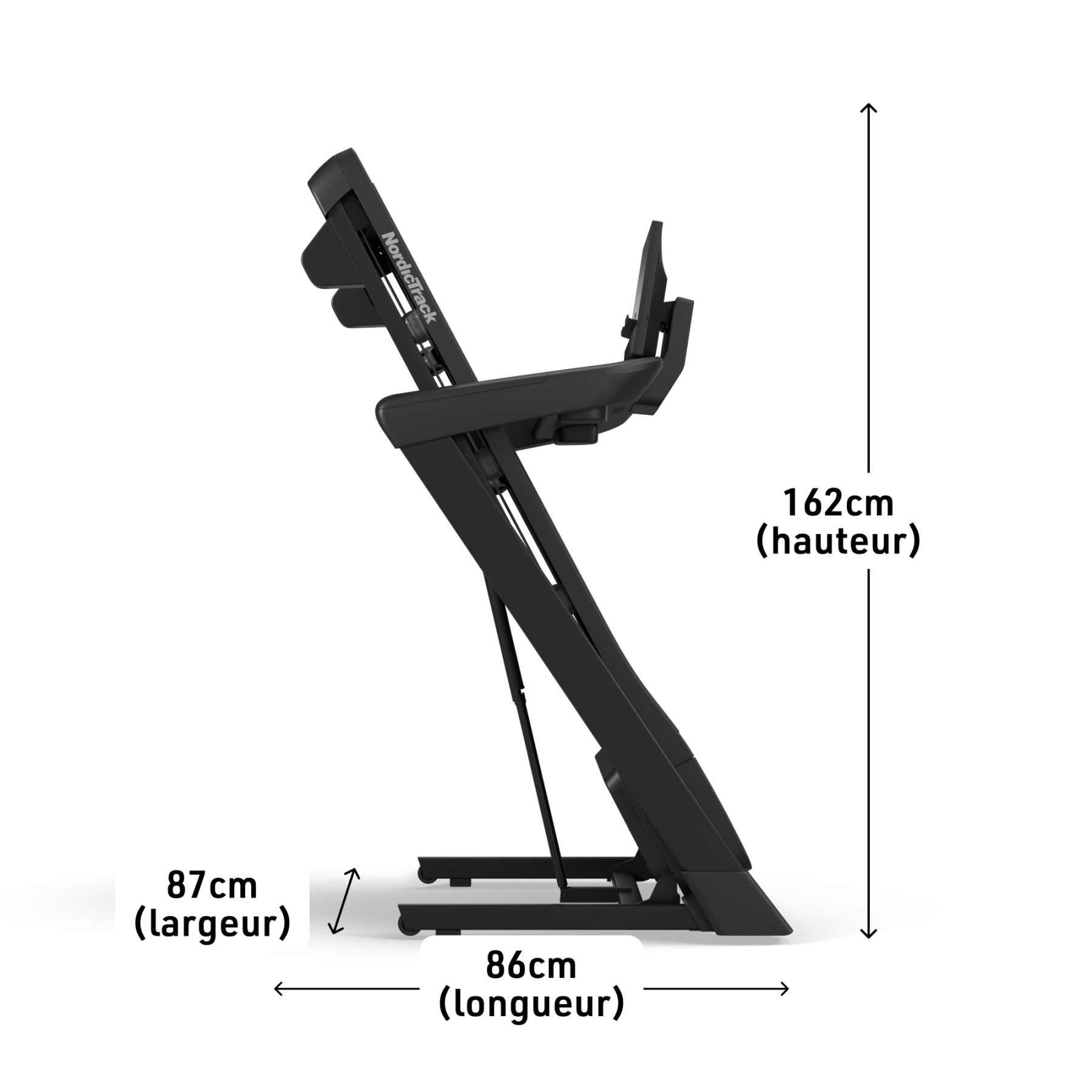 Schwarzes Laufband mit Maßen: Höhe 162cm, Breite 87cm, Länge 86cm.