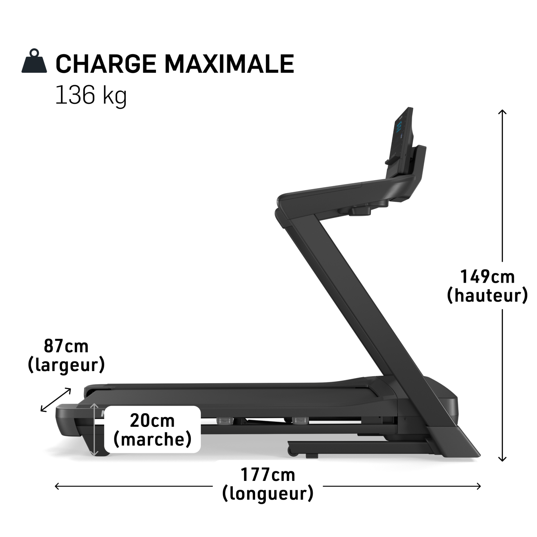Schwarzes Laufband mit Maßen: 177cm Länge, 87cm Breite, 149cm Höhe, 20cm Lauffläche.