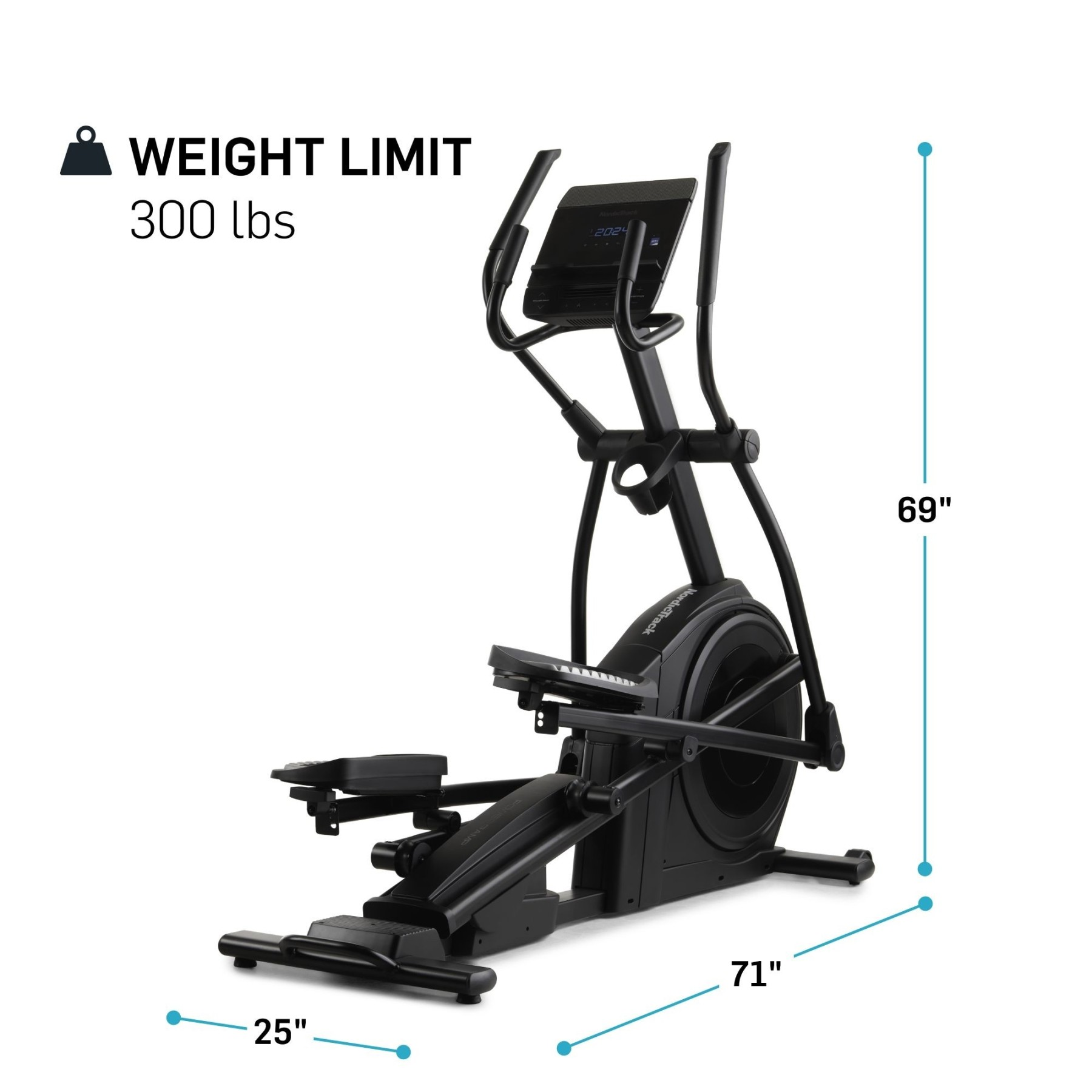 Schwarzer Heimtrainer mit 2024 auf dem Bildschirm, 71" L, 25" B, 69" H.