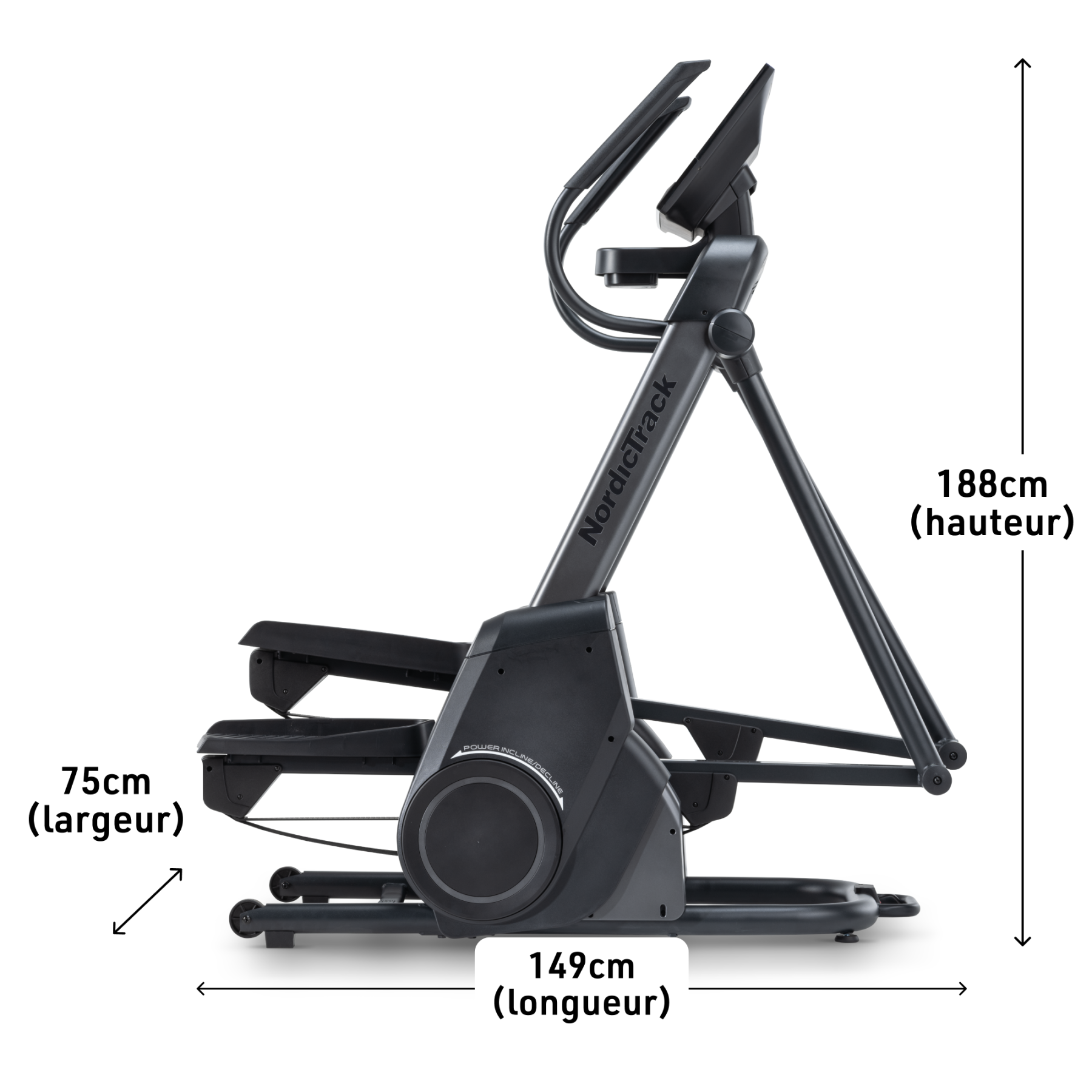 Ein schwarzer NordicTrack Ellipsentrainer mit Maßen: 149cm Länge, 75cm Breite, 188cm Höhe.