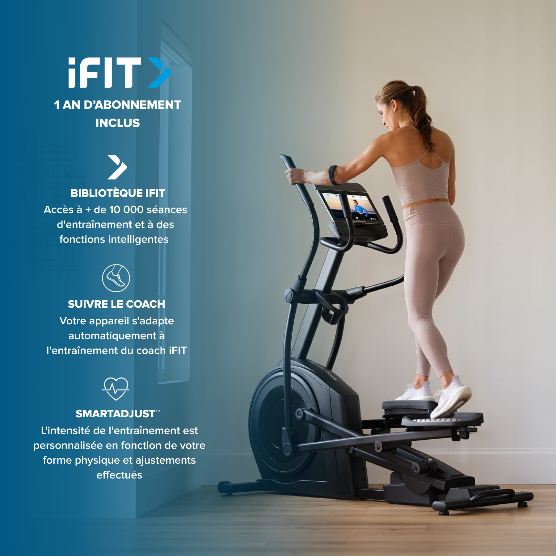 Frau auf einem schwarzen Ellipsentrainer mit iFIT-Logo und Trainingsdetails.