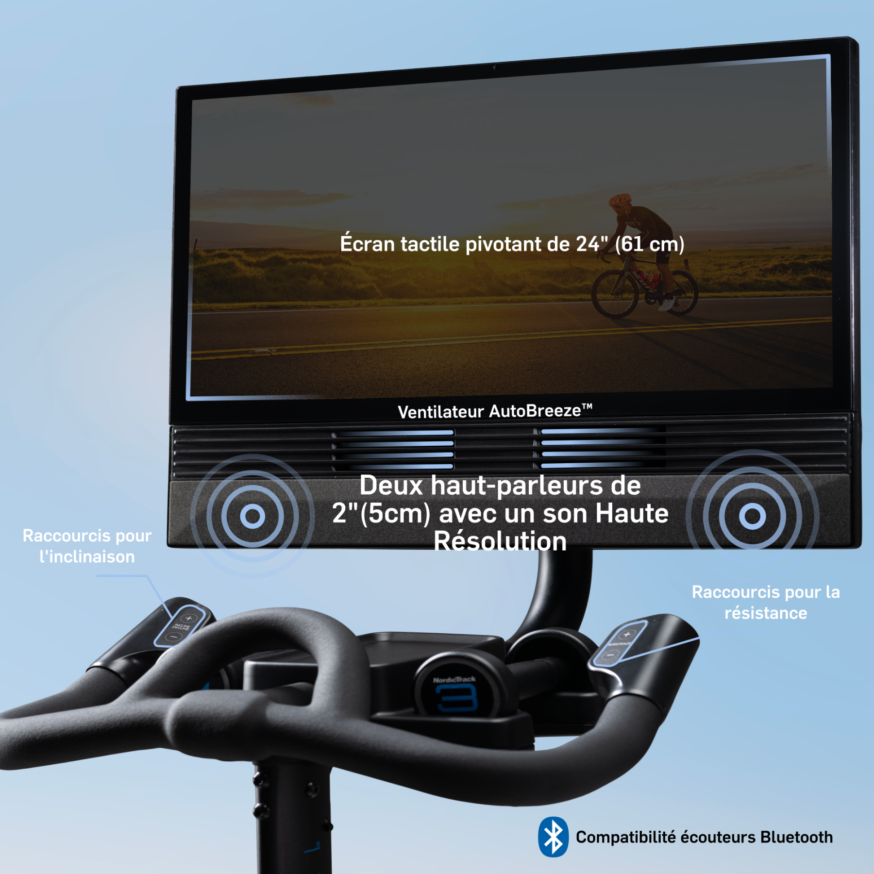 Ein Fahrradtrainer mit 24-Zoll-Touchscreen, Lautsprechern und Bluetooth.