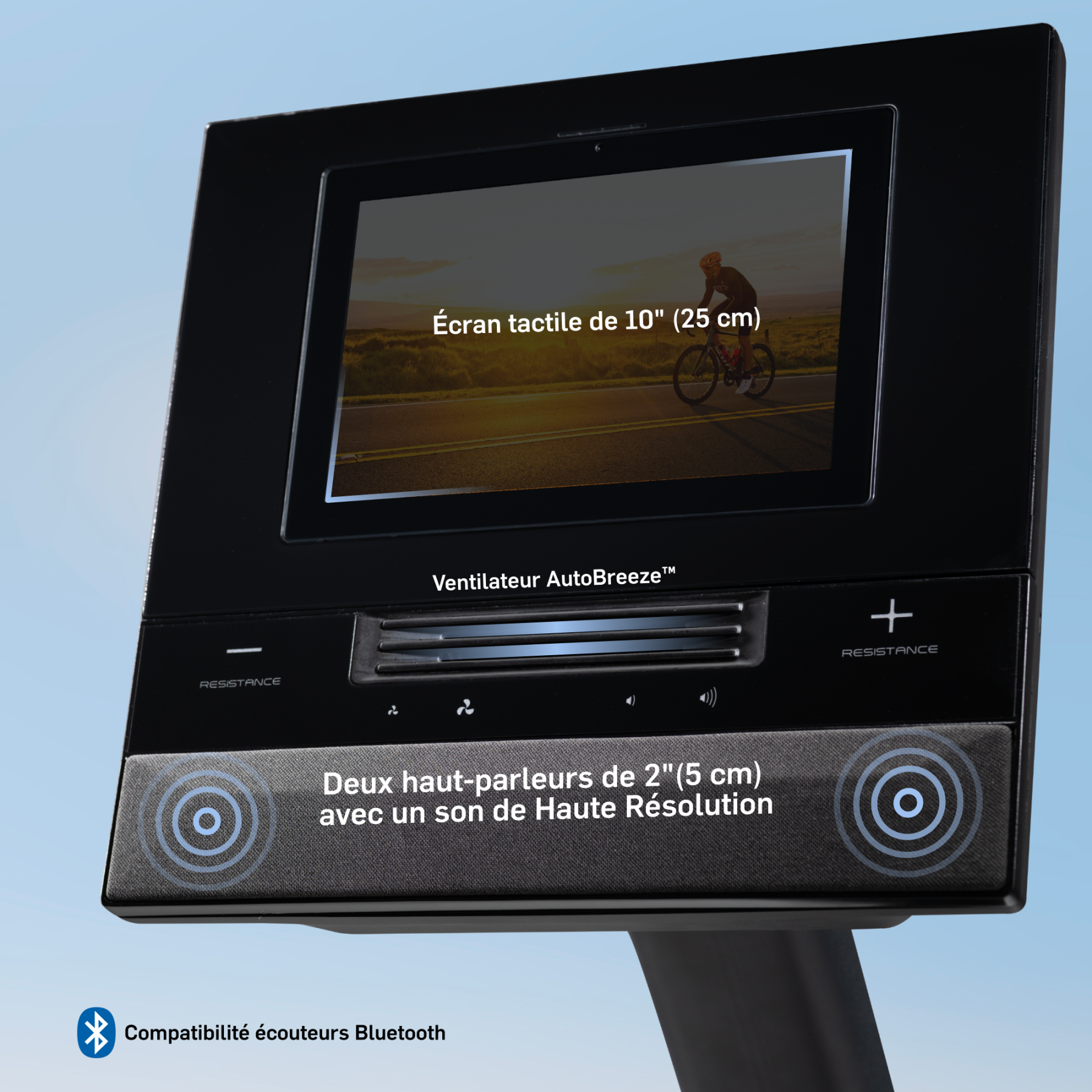 Fahrradergometer-Konsole mit 10-Zoll-Touchscreen, Lüfter, Lautsprechern und Bluetooth.