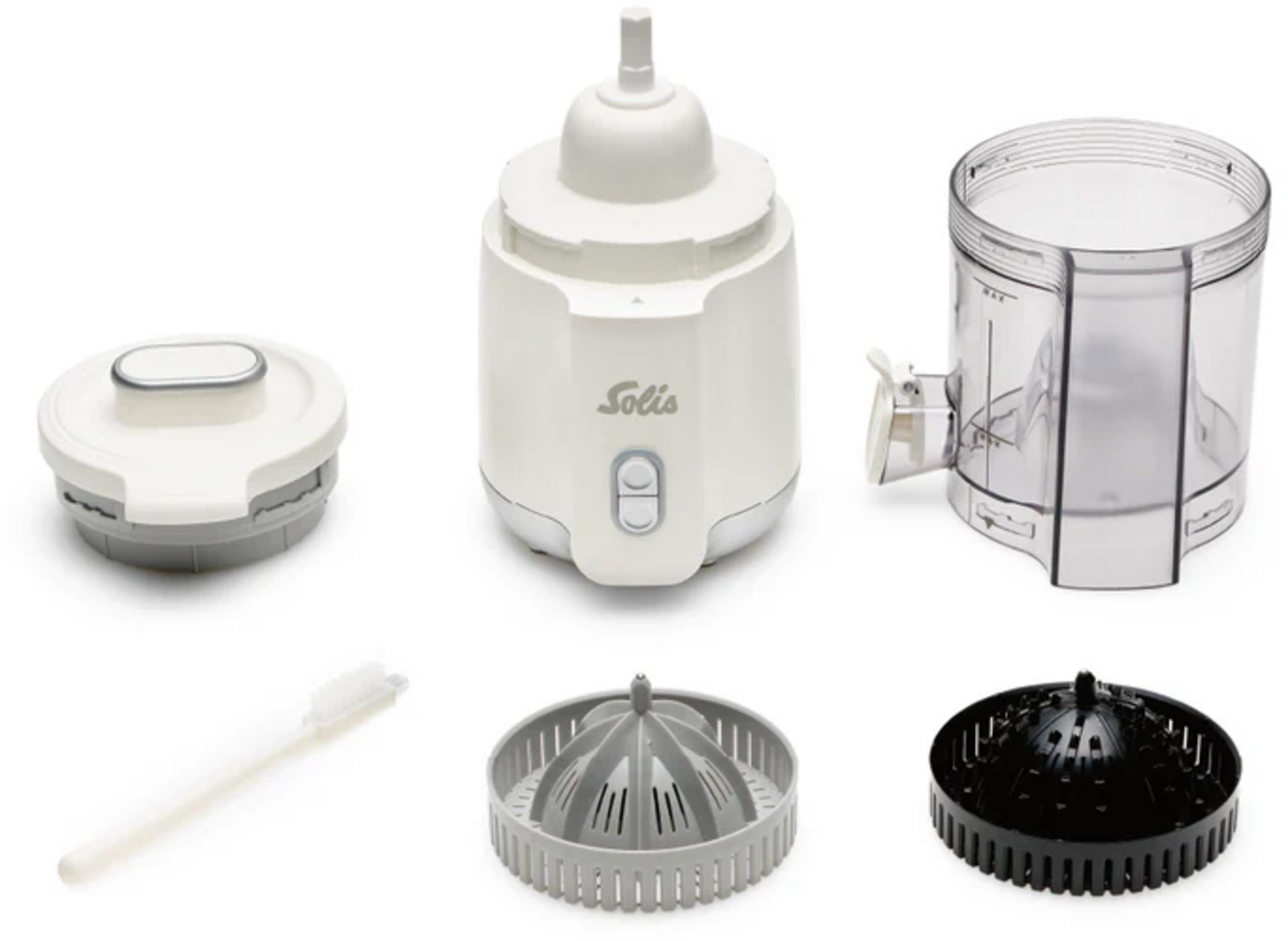 Parti di elettrodomestico da cucina: contenitore bianco, attacco, spazzola, filtro grigio e nero.