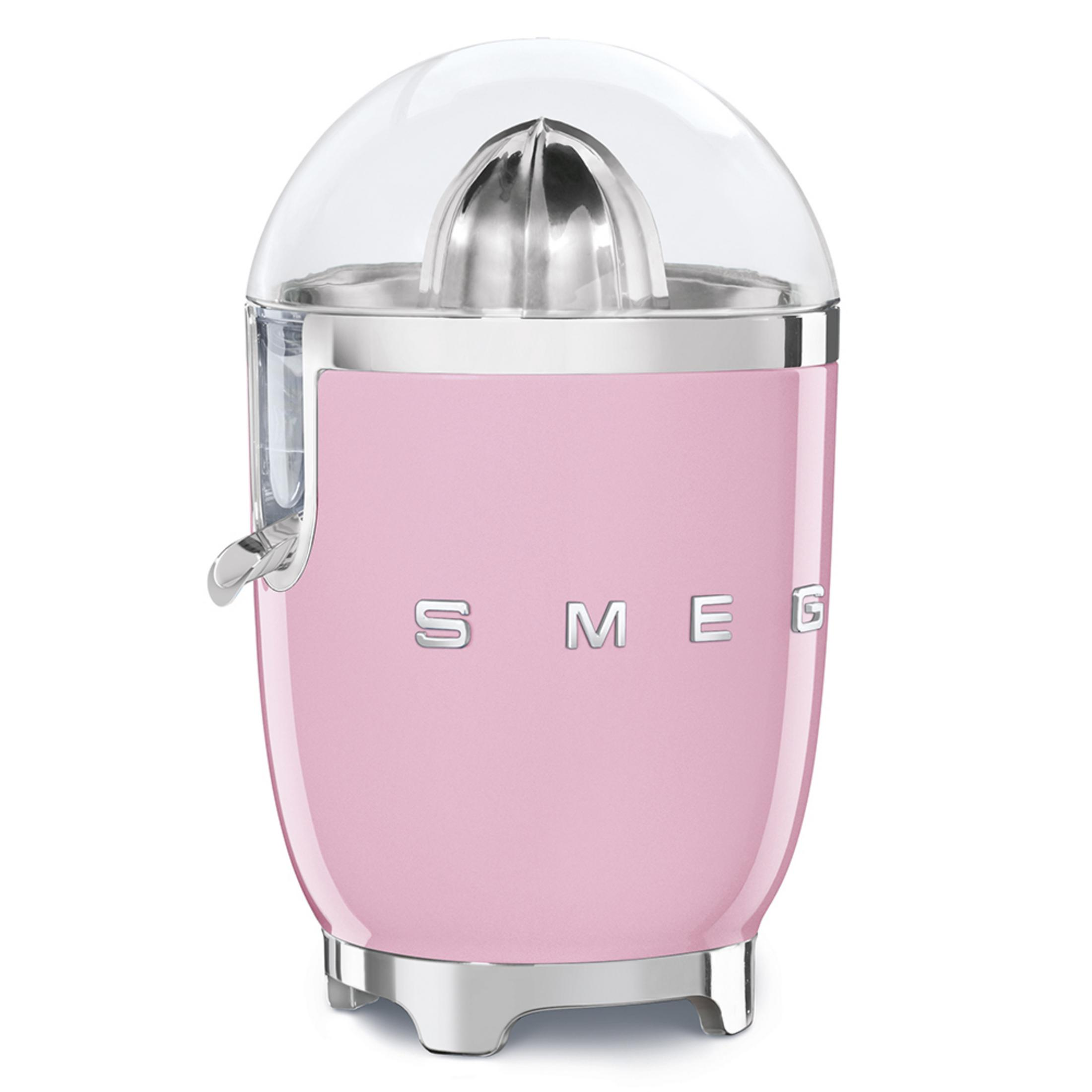 Gümüş detaylı ve şeffaf kapaklı pembe Smeg narenciye sıkacağı.