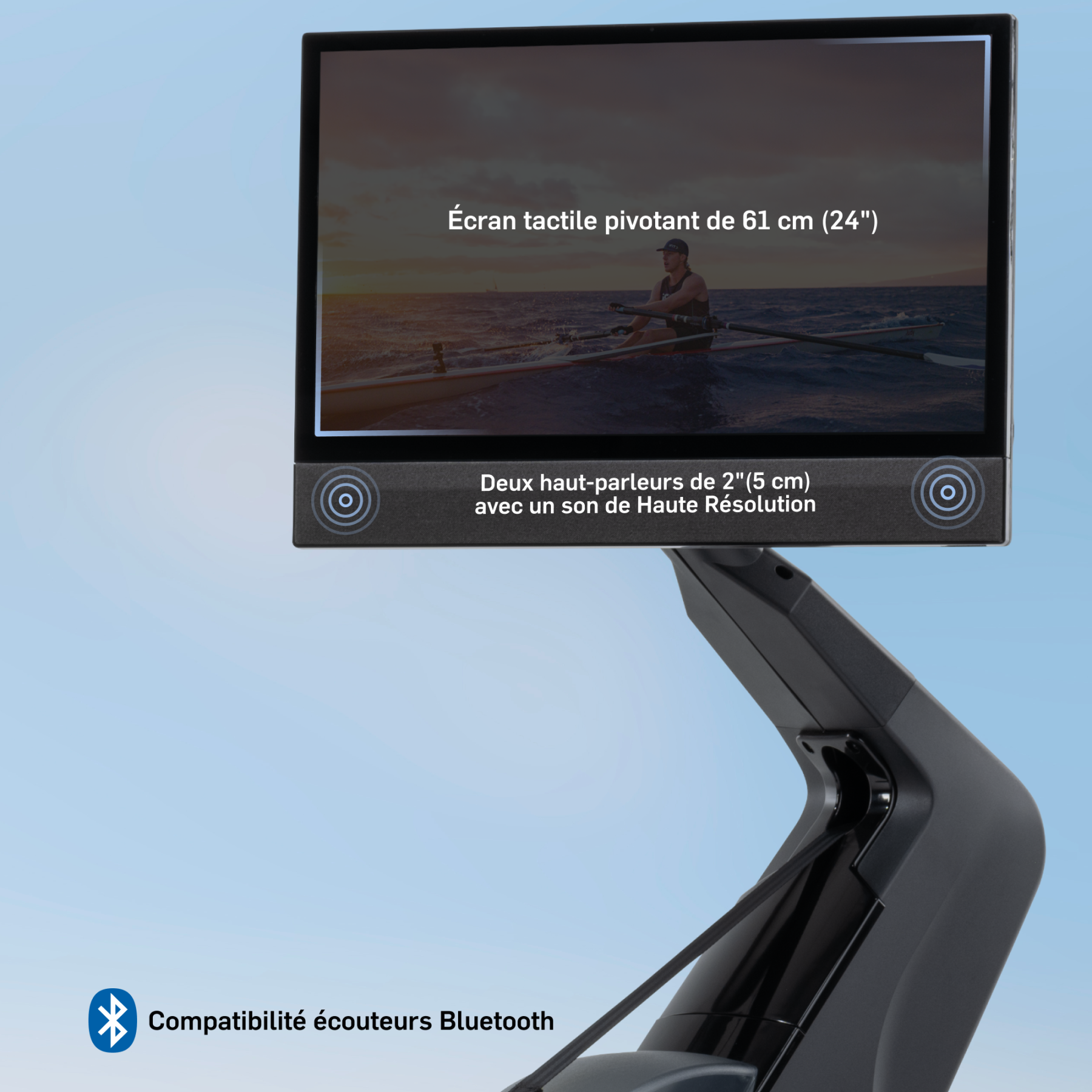 Ein Mann rudert auf einem Bildschirm. Unten sind Lautsprecher und Bluetooth-Symbol.