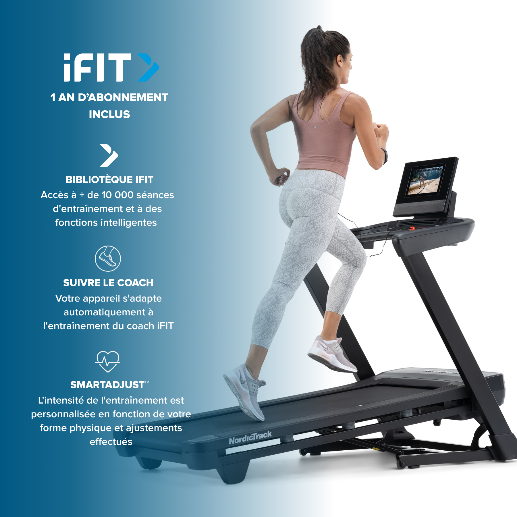 Eine Frau läuft auf einem Laufband mit iFIT-App und 1-Jahres-Abo.