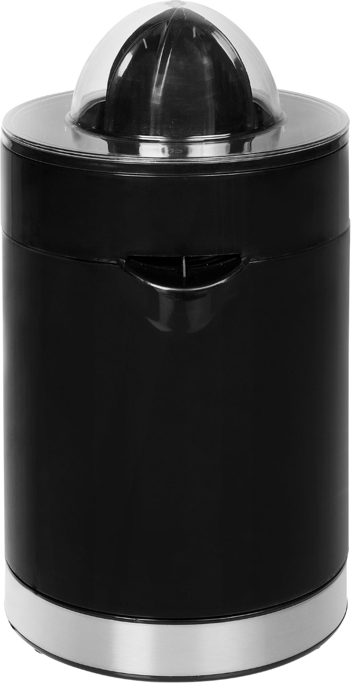 Ein schwarzer Entsafter mit transparenter Haube und silbernem Sockel.