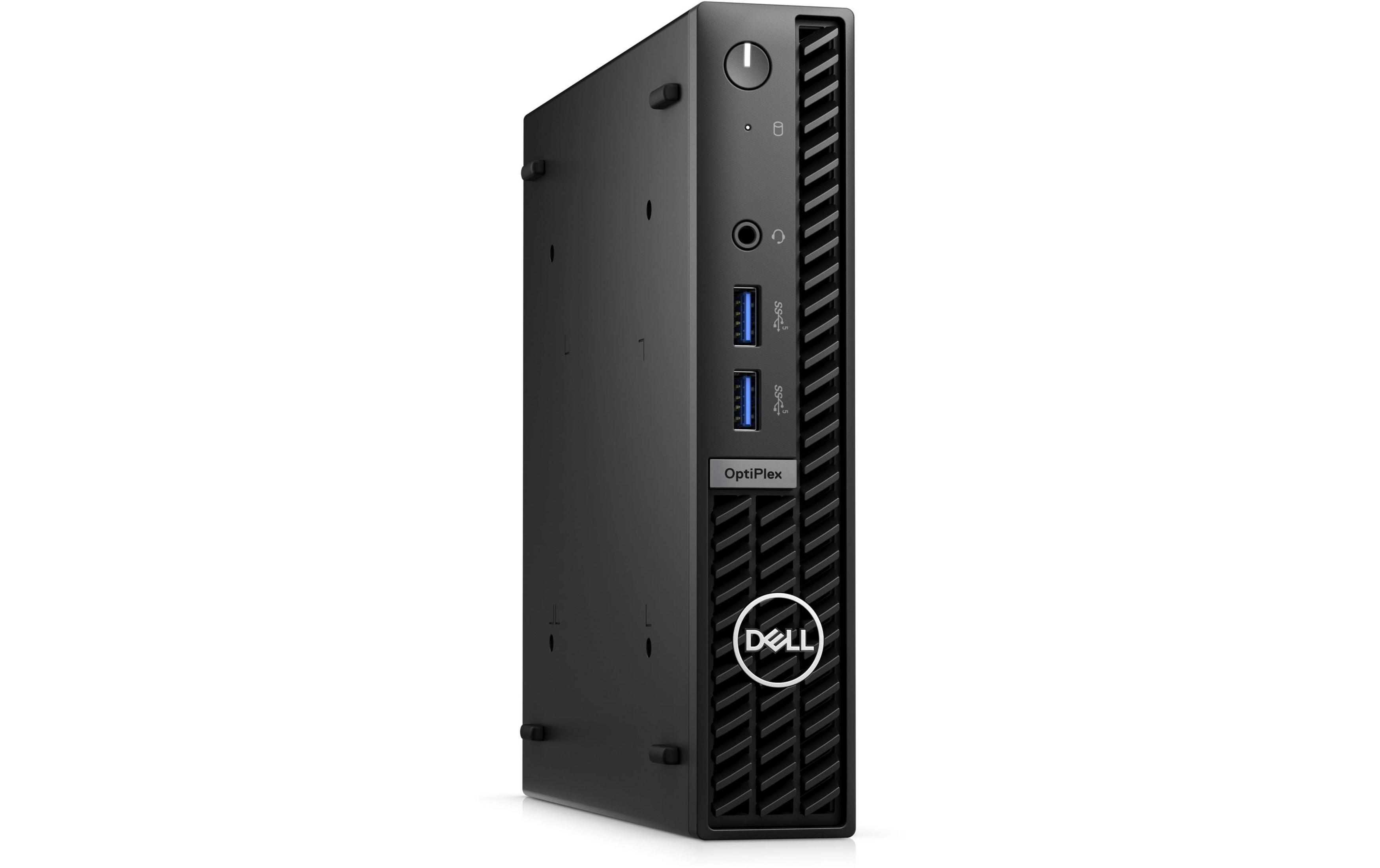 Schwarzer Dell OptiPlex Mini-PC mit Anschlüssen und Lüftungsschlitzen auf der Vorderseite.