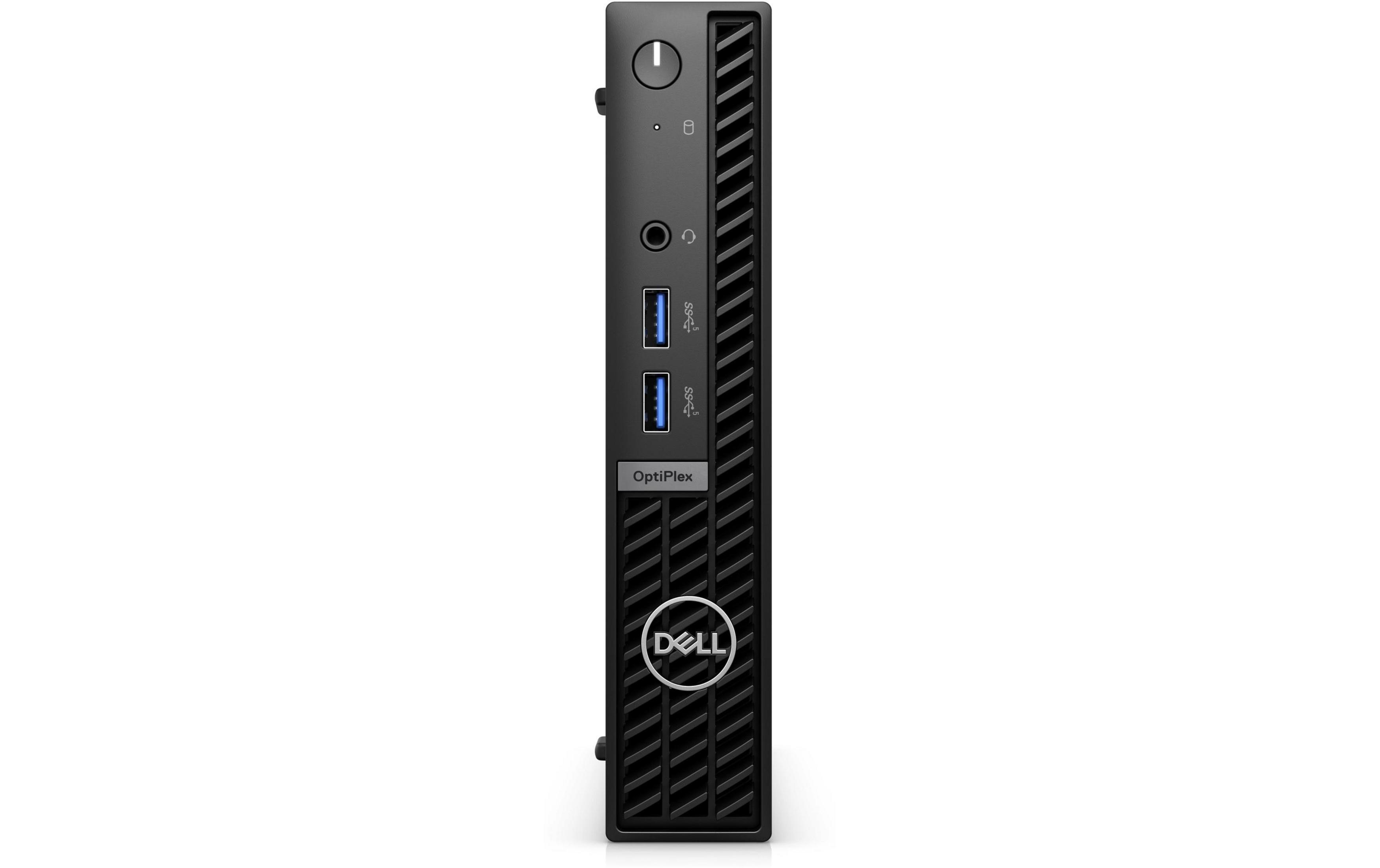 Schwarzer Dell OptiPlex Mini-PC mit USB-Anschlüssen und Netzschalter.