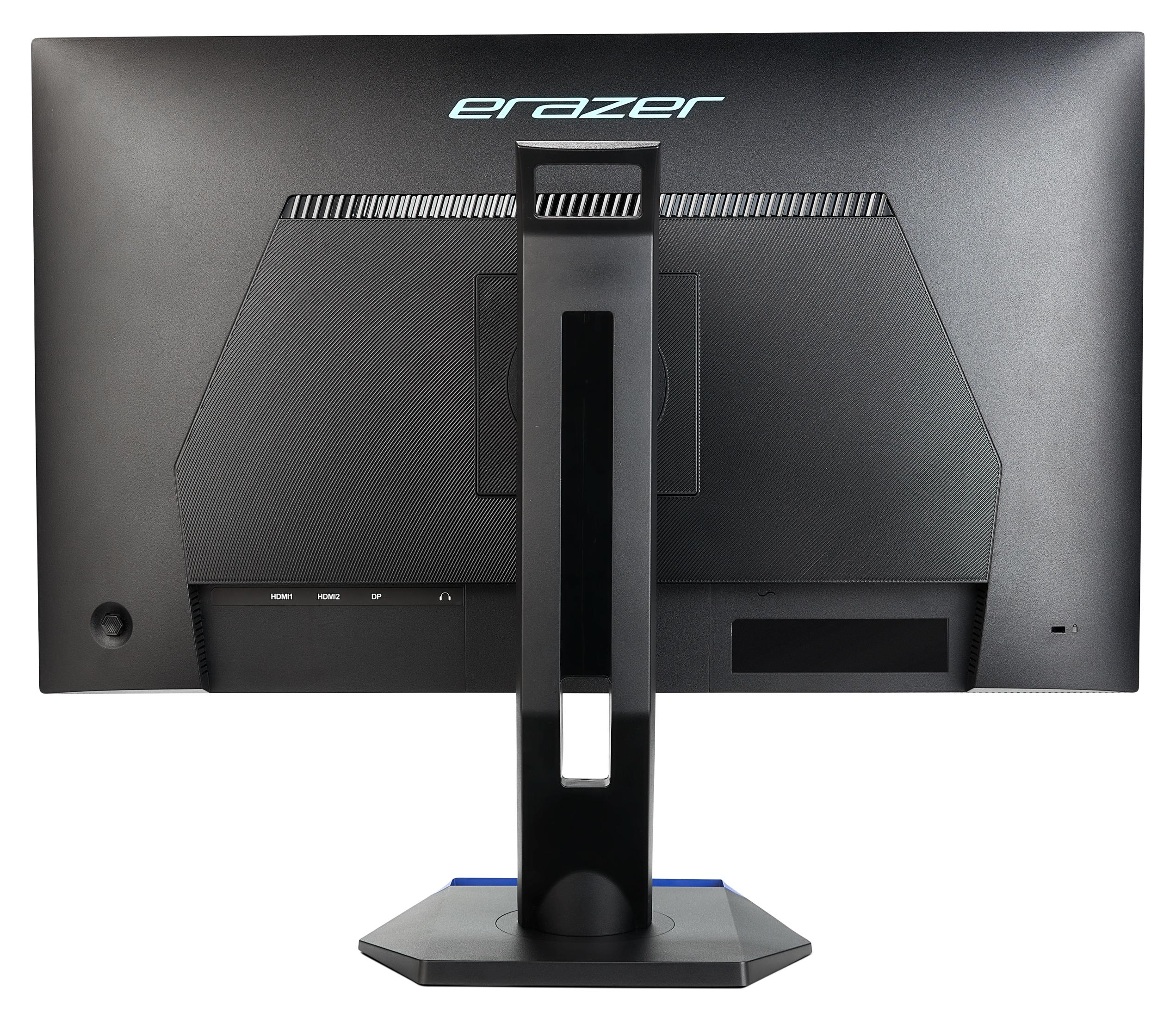 Rückseite eines schwarzen Monitors mit "Erazer"-Logo, Ständer und Anschlüssen.