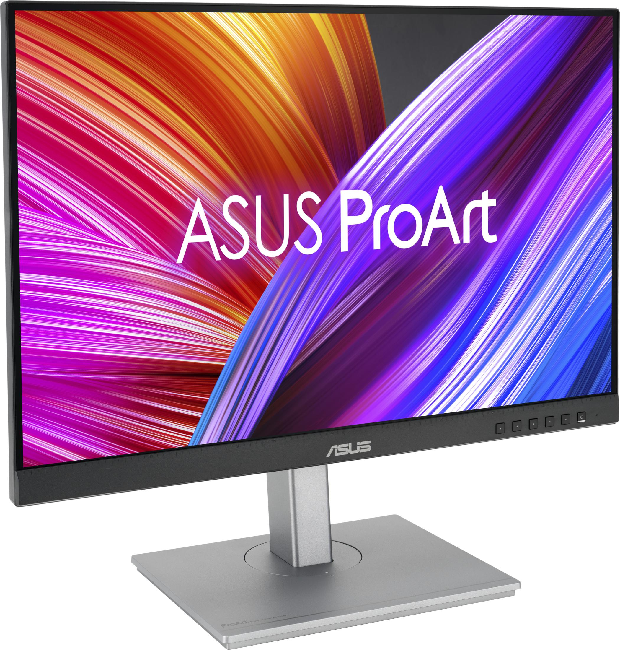 ASUS ProArt Monitor mit abstraktem Hintergrund in Rot, Orange und Lila.