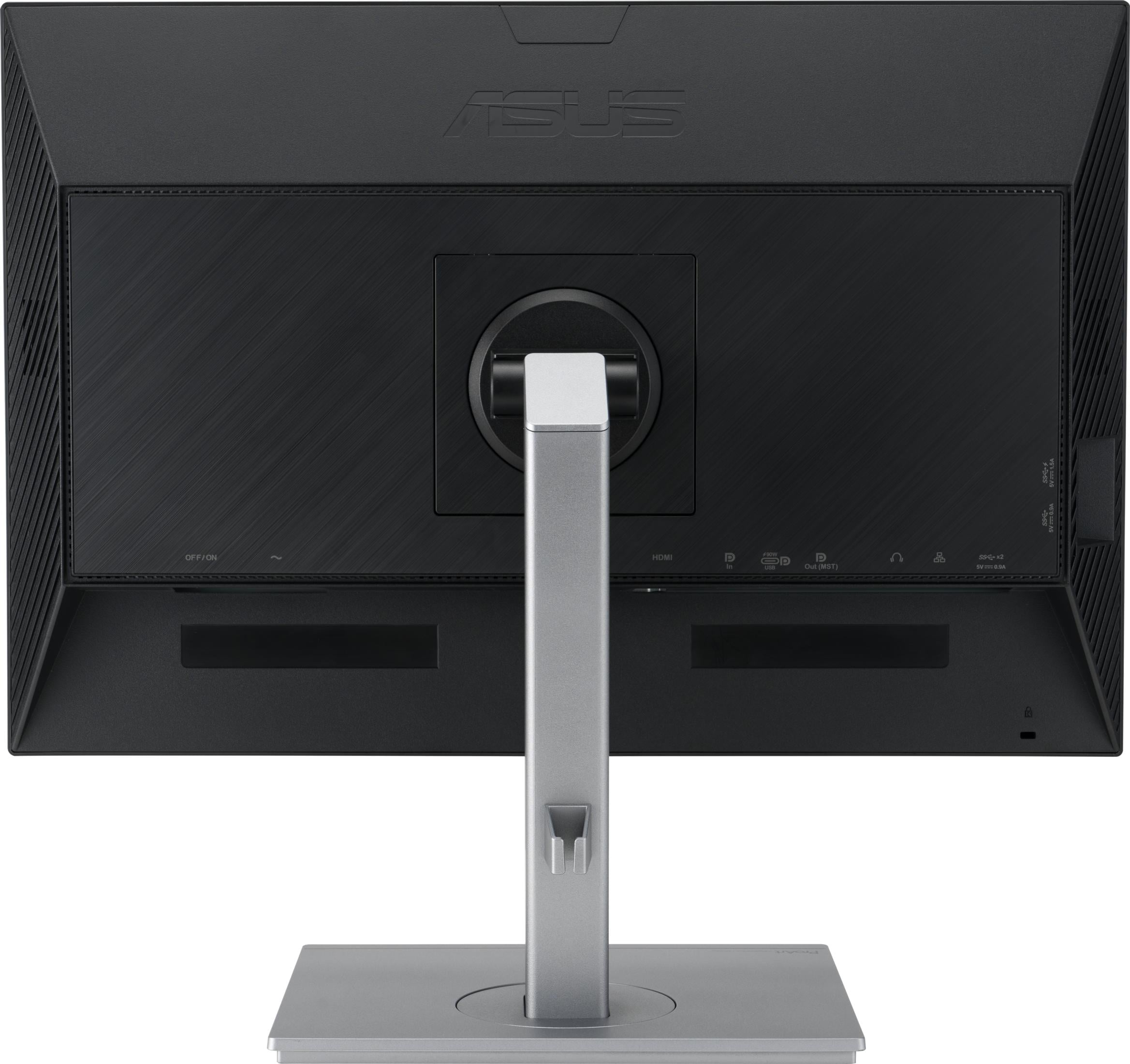 Rückseite eines schwarzen Monitors mit silbernem Ständer und Anschlüssen.