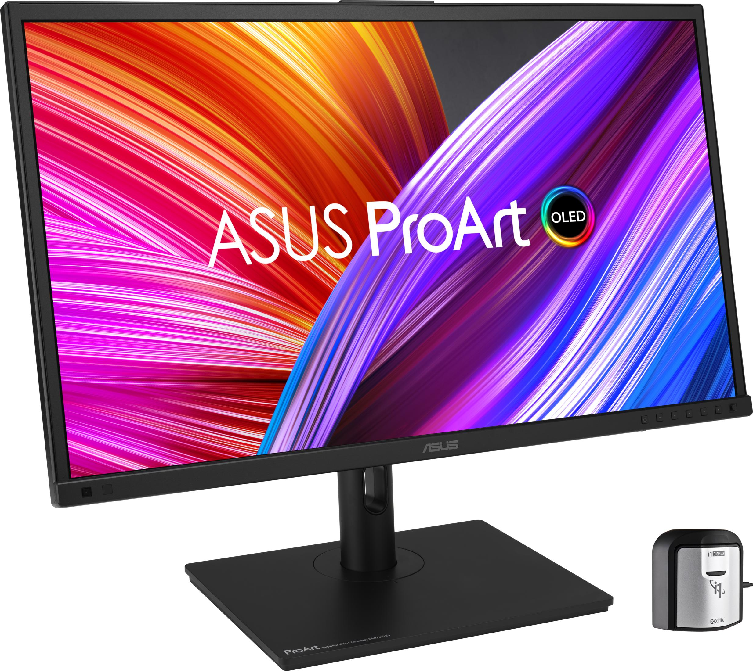 Monitor ASUS ProArt OLED z żywą tapetą i urządzeniem do kalibracji.