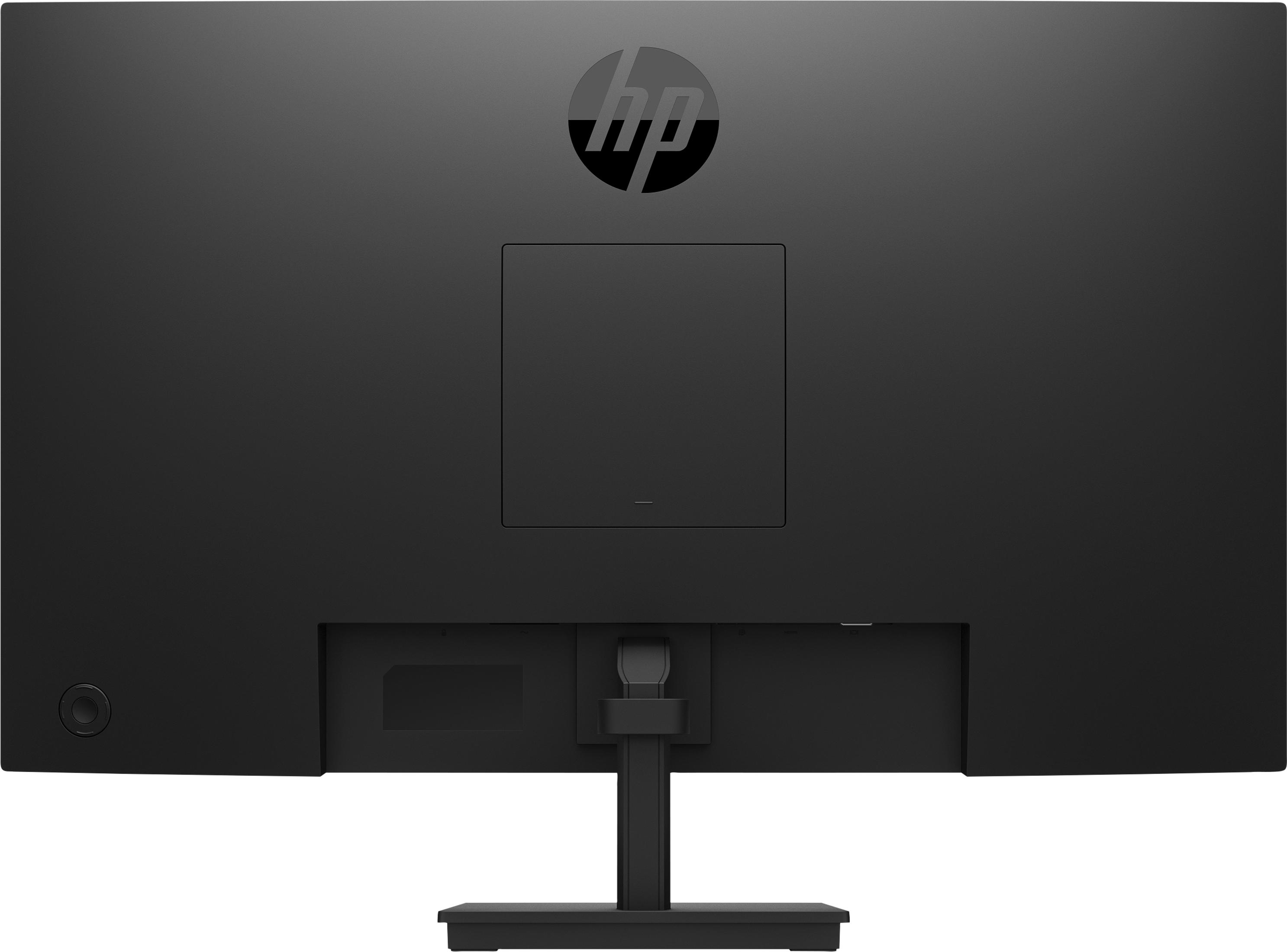 Parte trasera de un monitor HP negro con soporte y puertos.