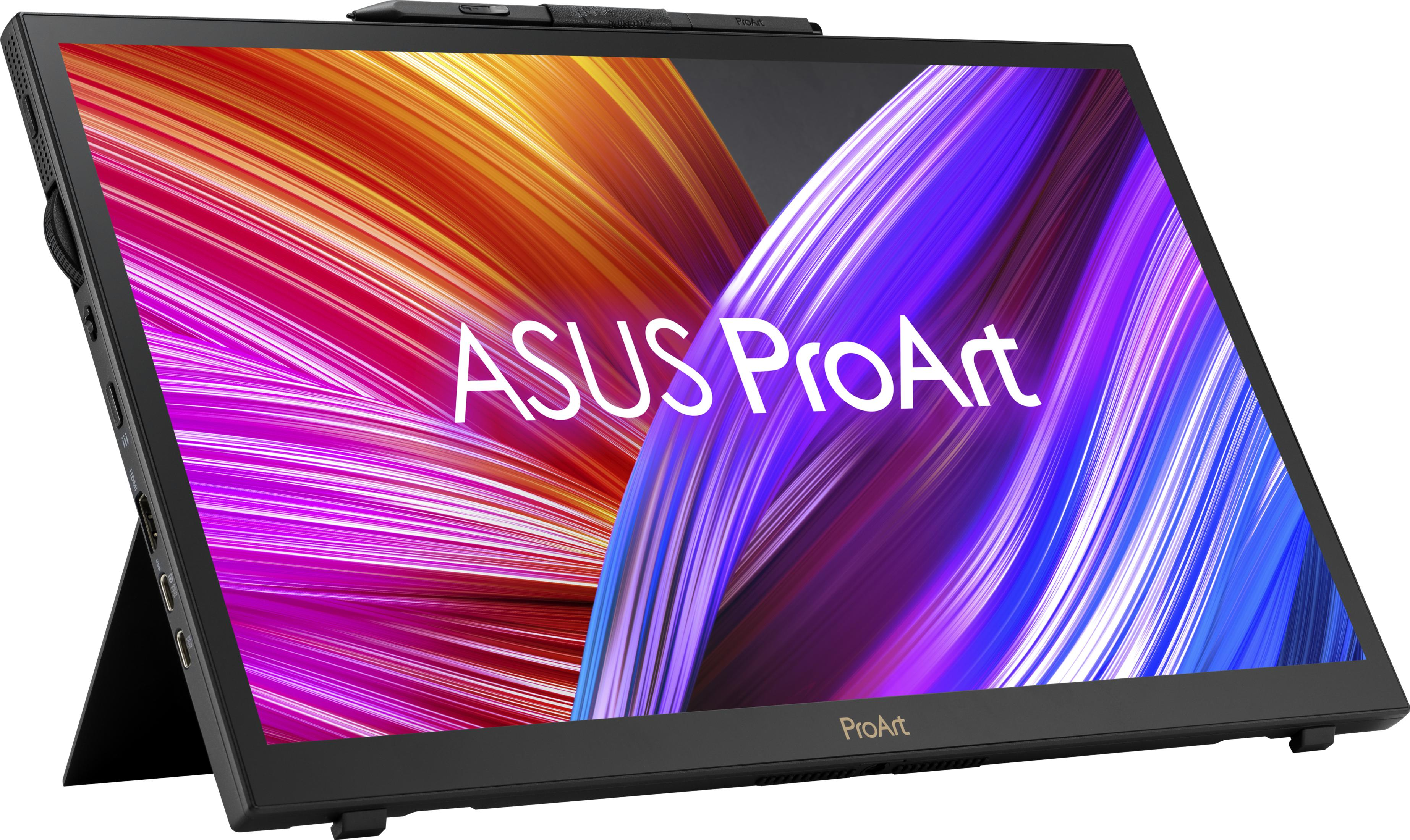 Przenośny monitor ASUS ProArt z żywym, abstrakcyjnym tłem w kolorach pomarańczowym, różowym i fioletowym.