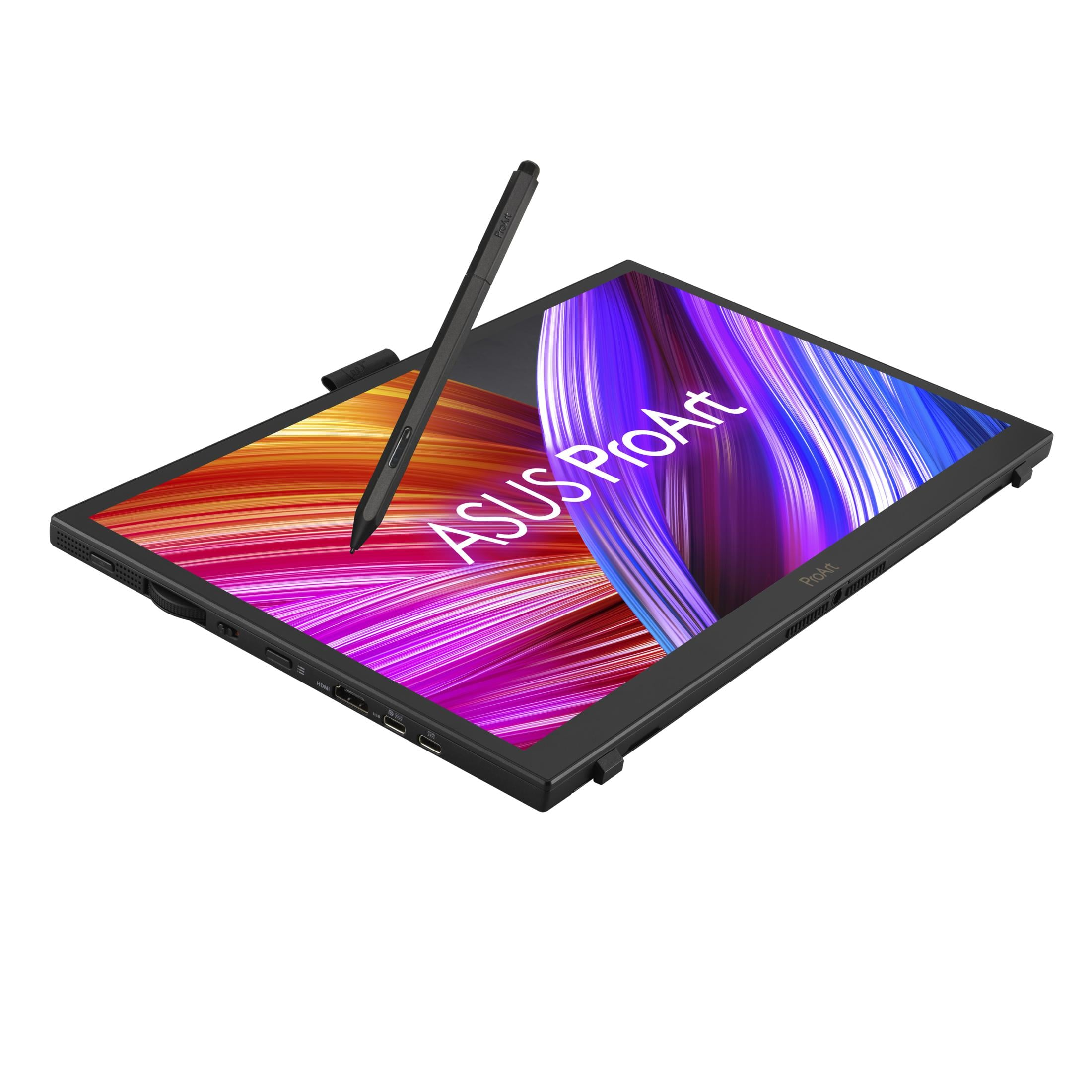 Czarny laptop z rysikiem na kolorowym tle. ASUS ProArt.