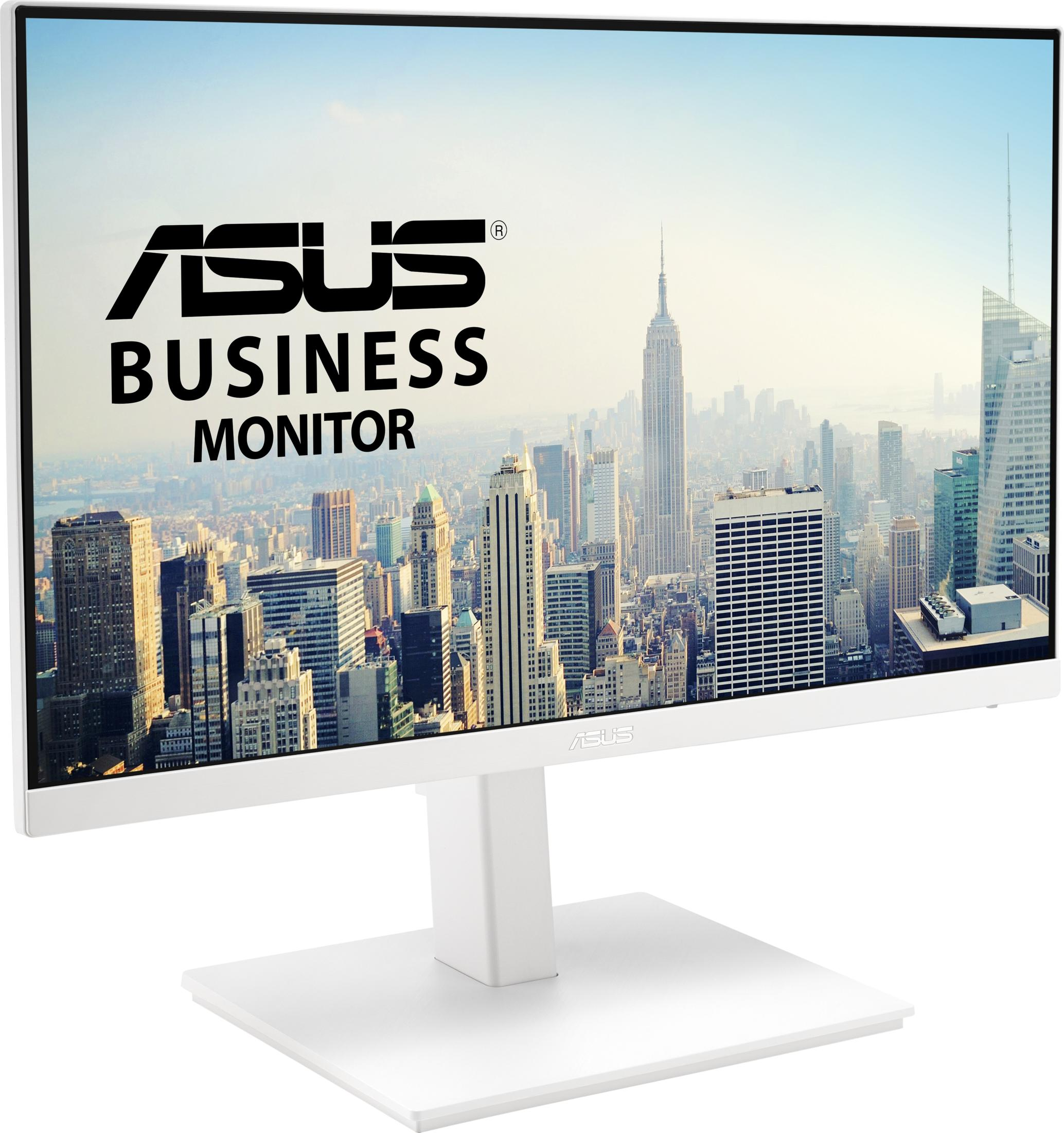 Biały monitor ASUS Business wyświetla panoramę miasta z Empire State.