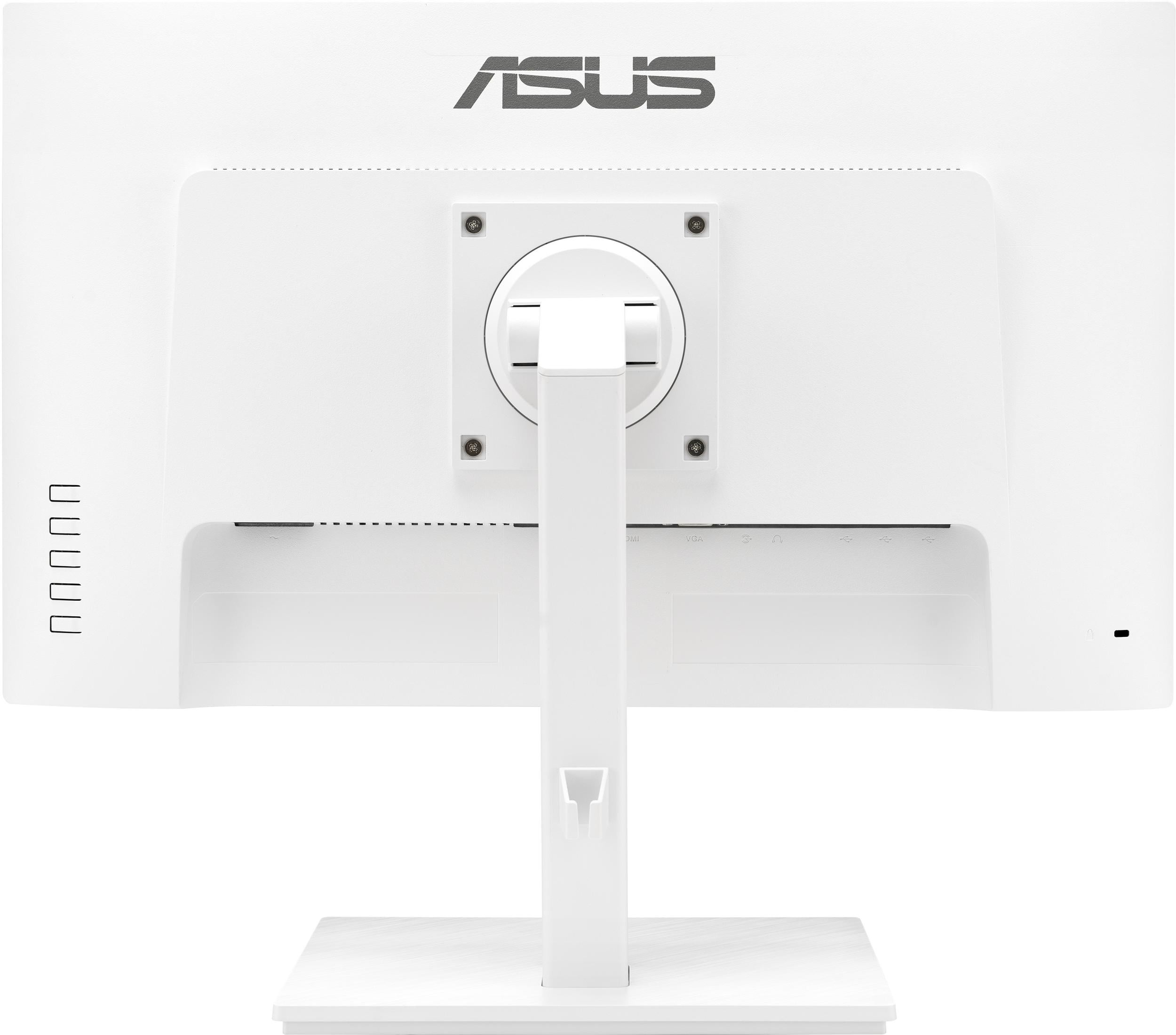 Tył białego monitora ASUS ze stojakiem i portami.