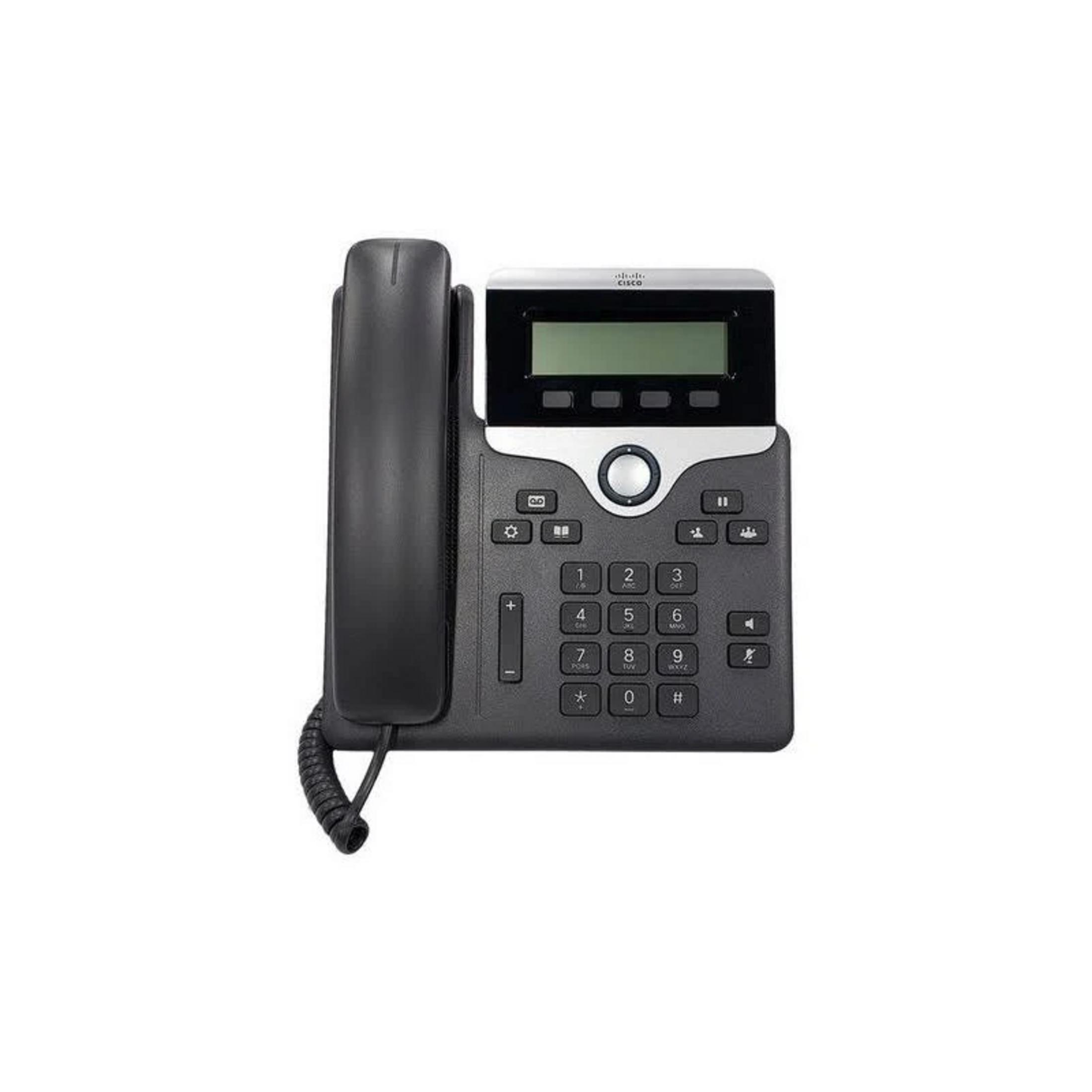 Un téléphone de bureau Cisco noir avec clavier numérique et écran.