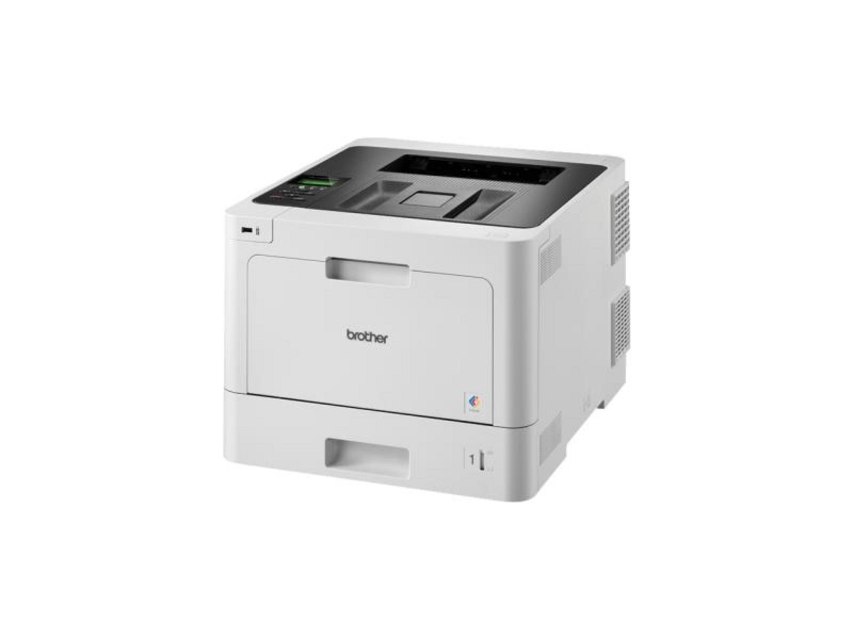 Une imprimante laser Brother blanche avec panneau de commande noir repose sur fond blanc.