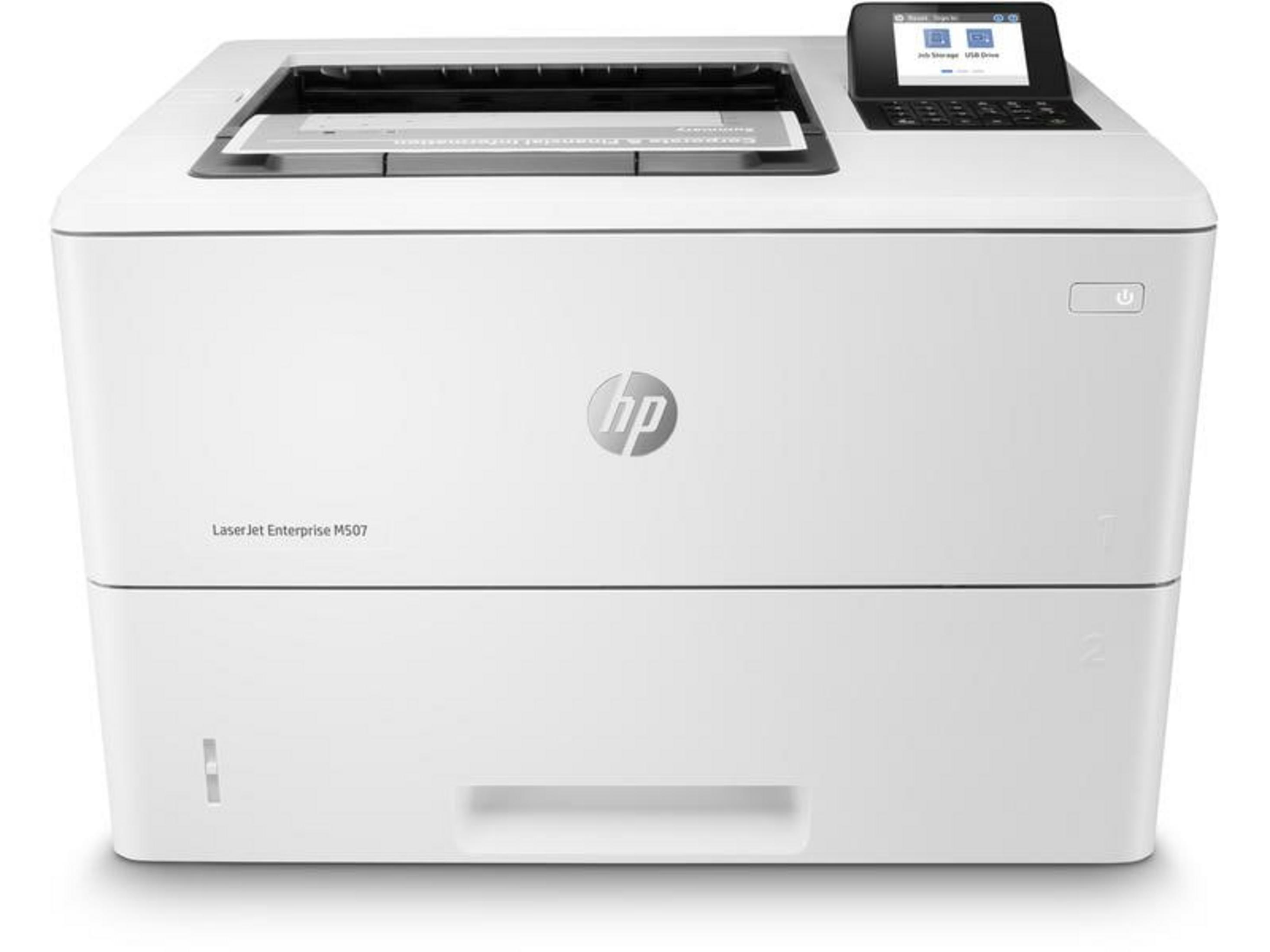 Una stampante HP LaserJet Enterprise M507 bianca con pannello di controllo e vassoio.