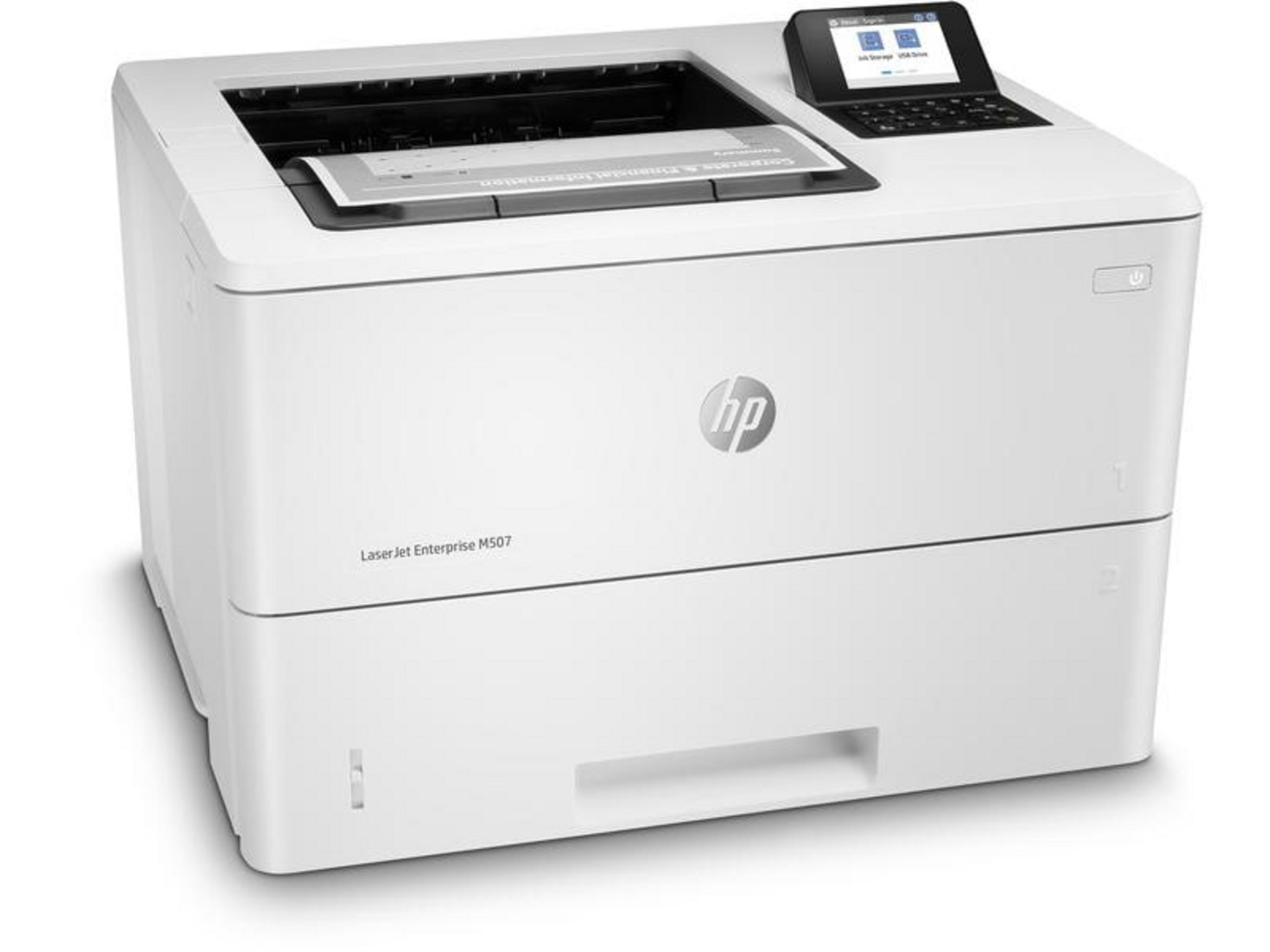 Una stampante HP LaserJet Enterprise M507 bianca con schermo.