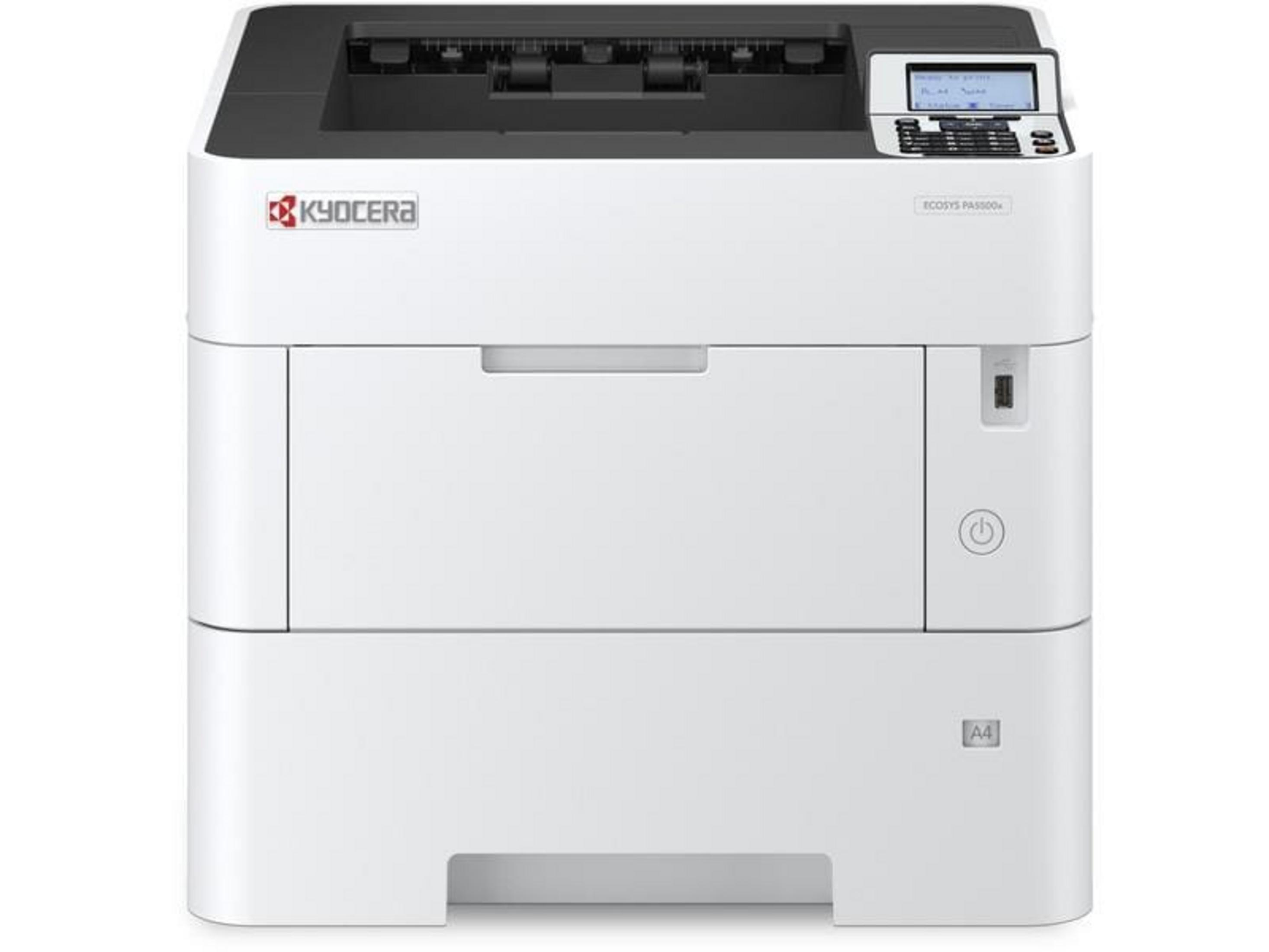 Biała drukarka Kyocera ECOSYS PA4500x z czarną górną częścią i panelem sterowania.