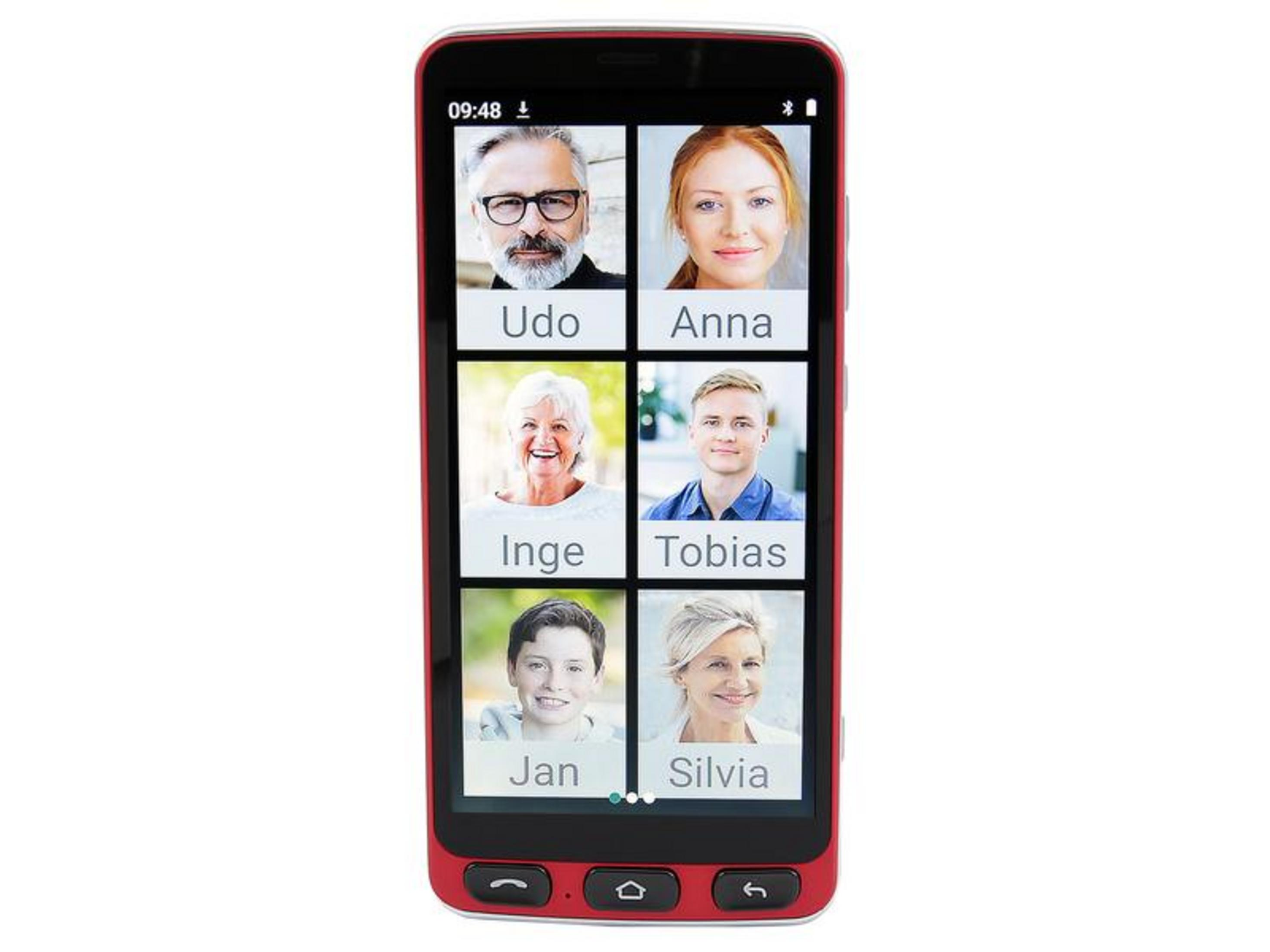 Uno smartphone rosso mostra sei ritratti di persone con i loro nomi.