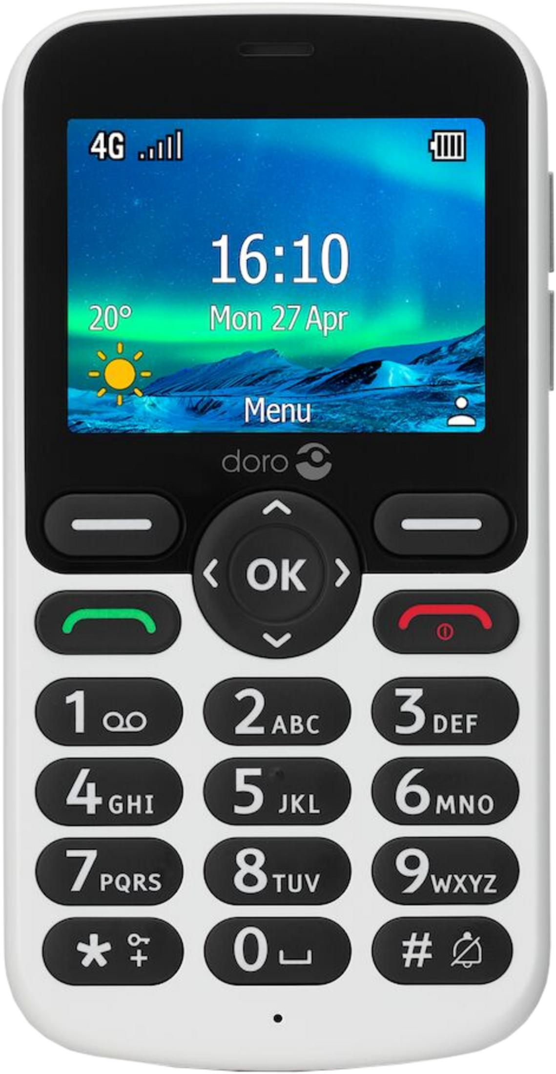 Un teléfono blanco Doro muestra las 16:10, 20 grados y el menú.