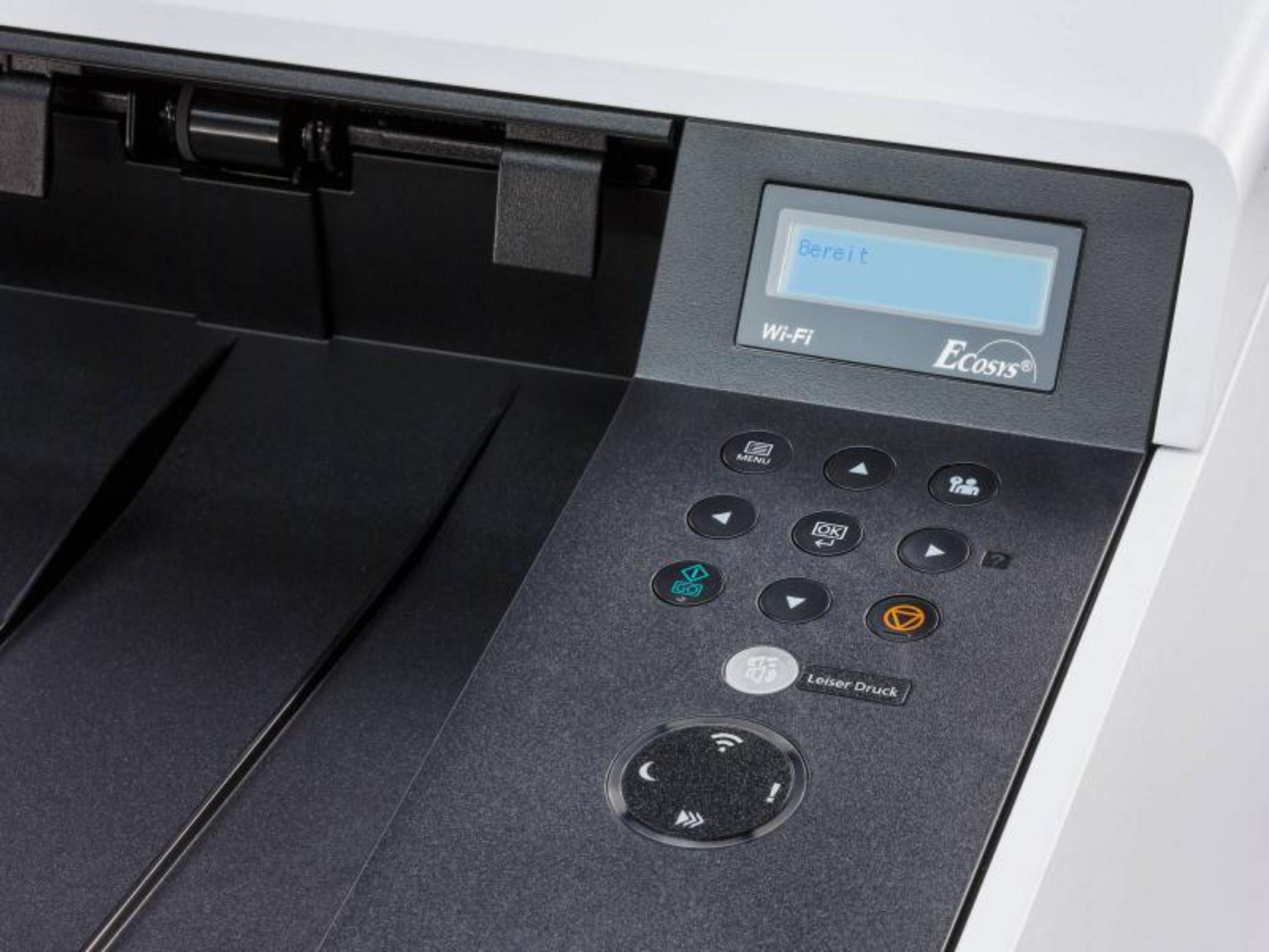 Panel sterowania drukarki laserowej z niebieskim ekranem LCD i przyciskami.