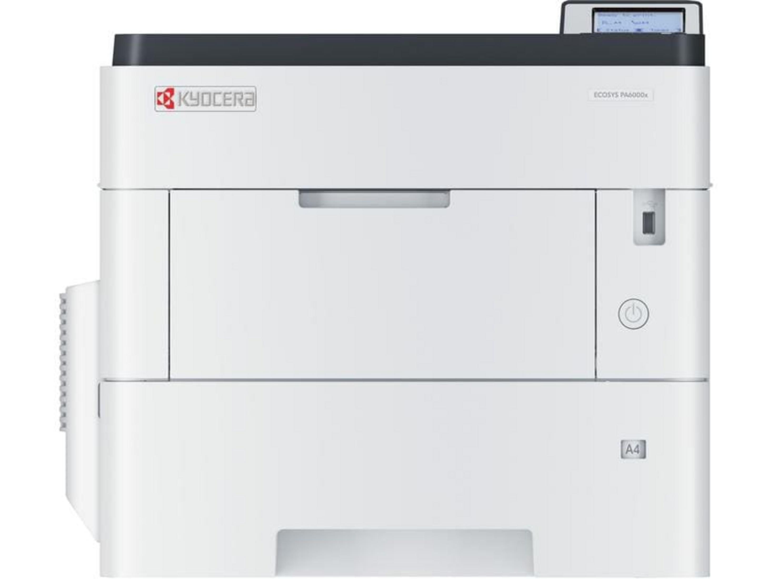 Biała drukarka Kyocera ECOSYS PA6000x z czarną sekcją górną i małym wyświetlaczem.