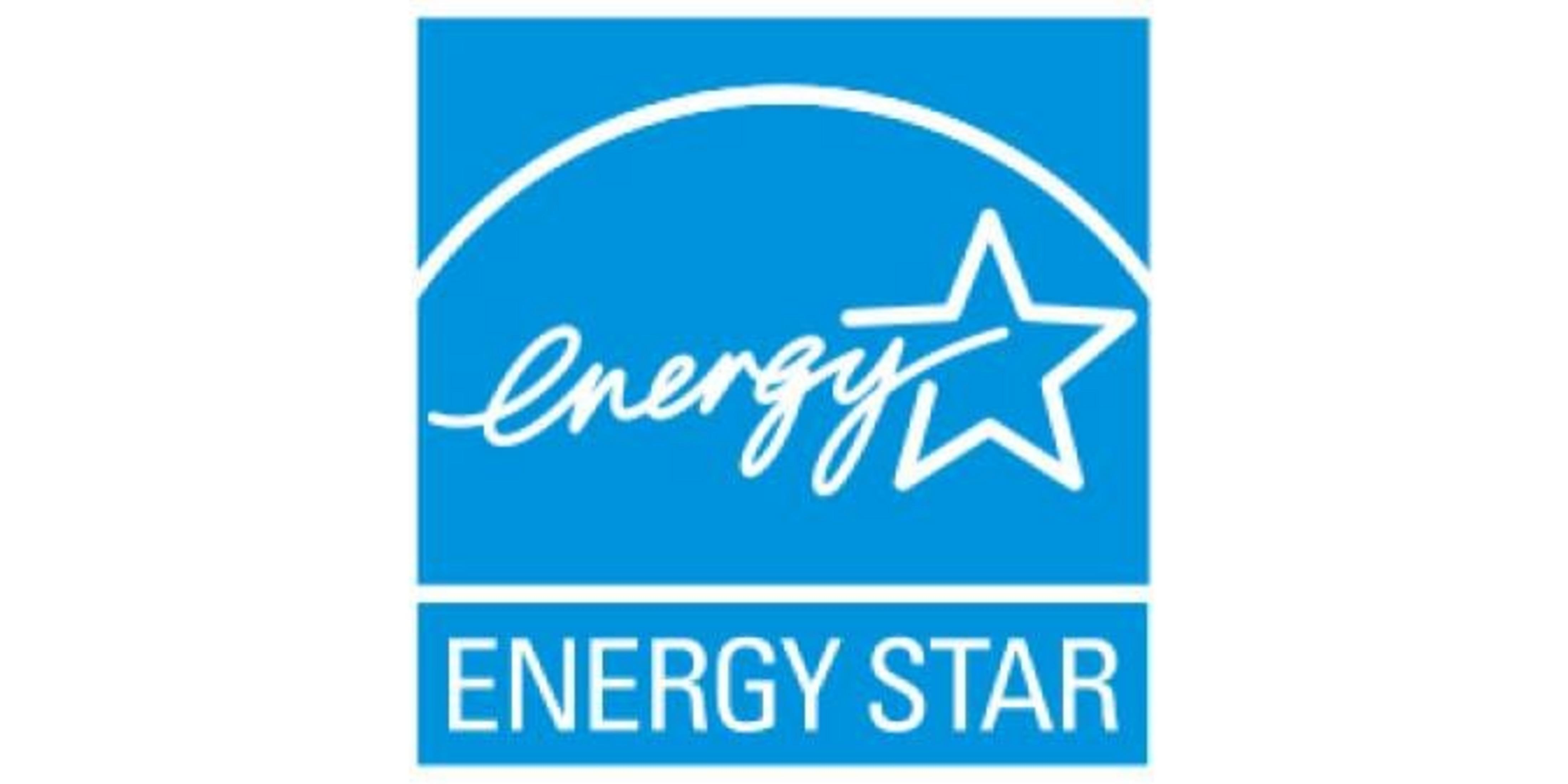 Niebieskie logo z białym napisem "energy" i gwiazdą, poniżej "ENERGY STAR".