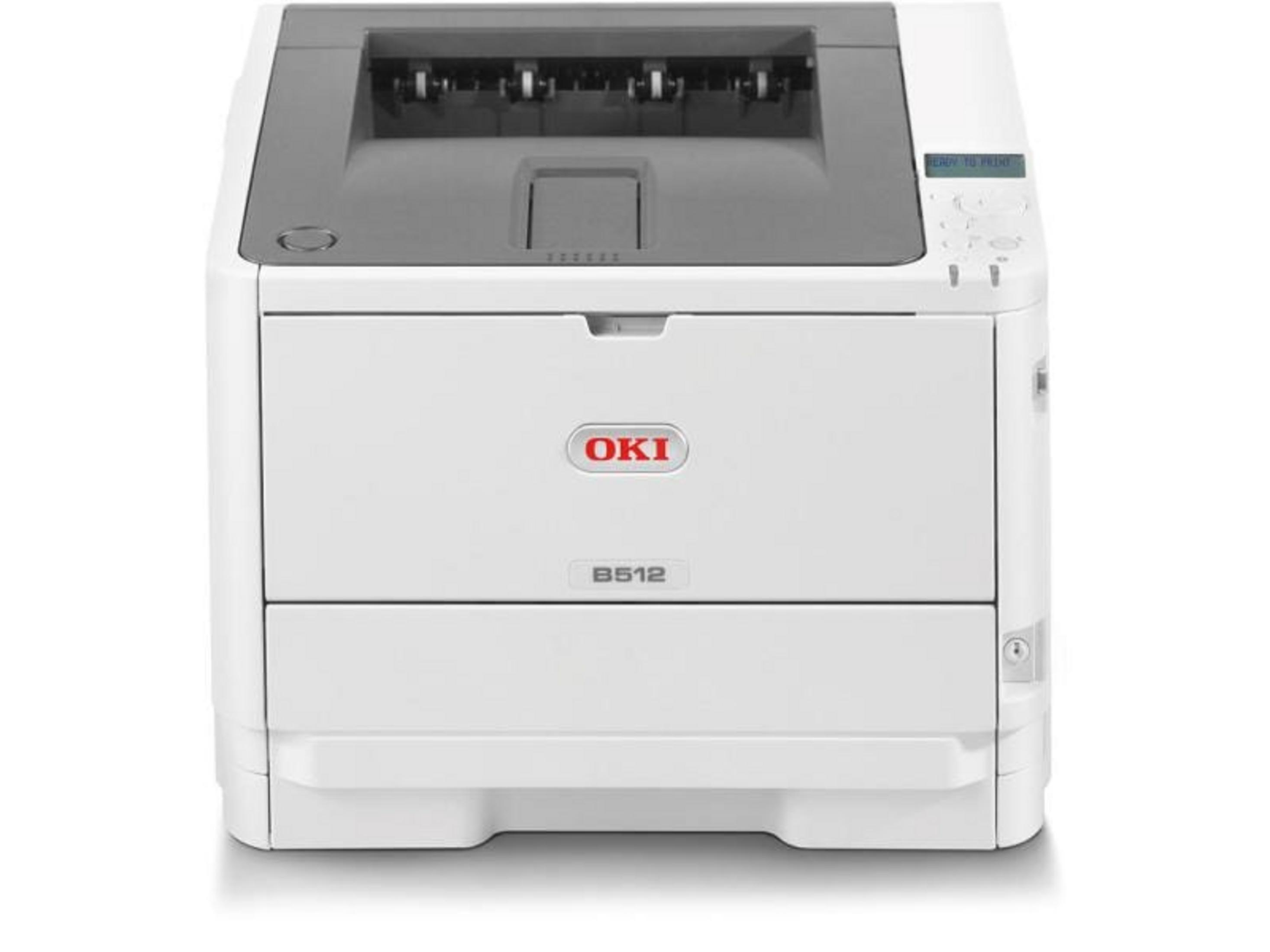 Una stampante OKI B512 bianca con parte superiore grigia e display blu.