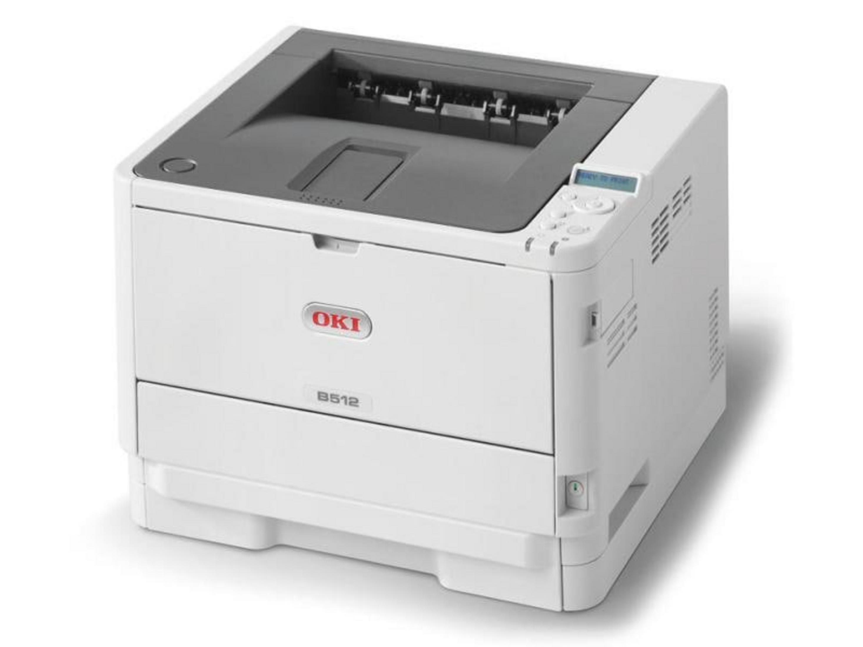 Una stampante laser OKI B512 bianca con un piccolo schermo LCD e pannello di controllo.