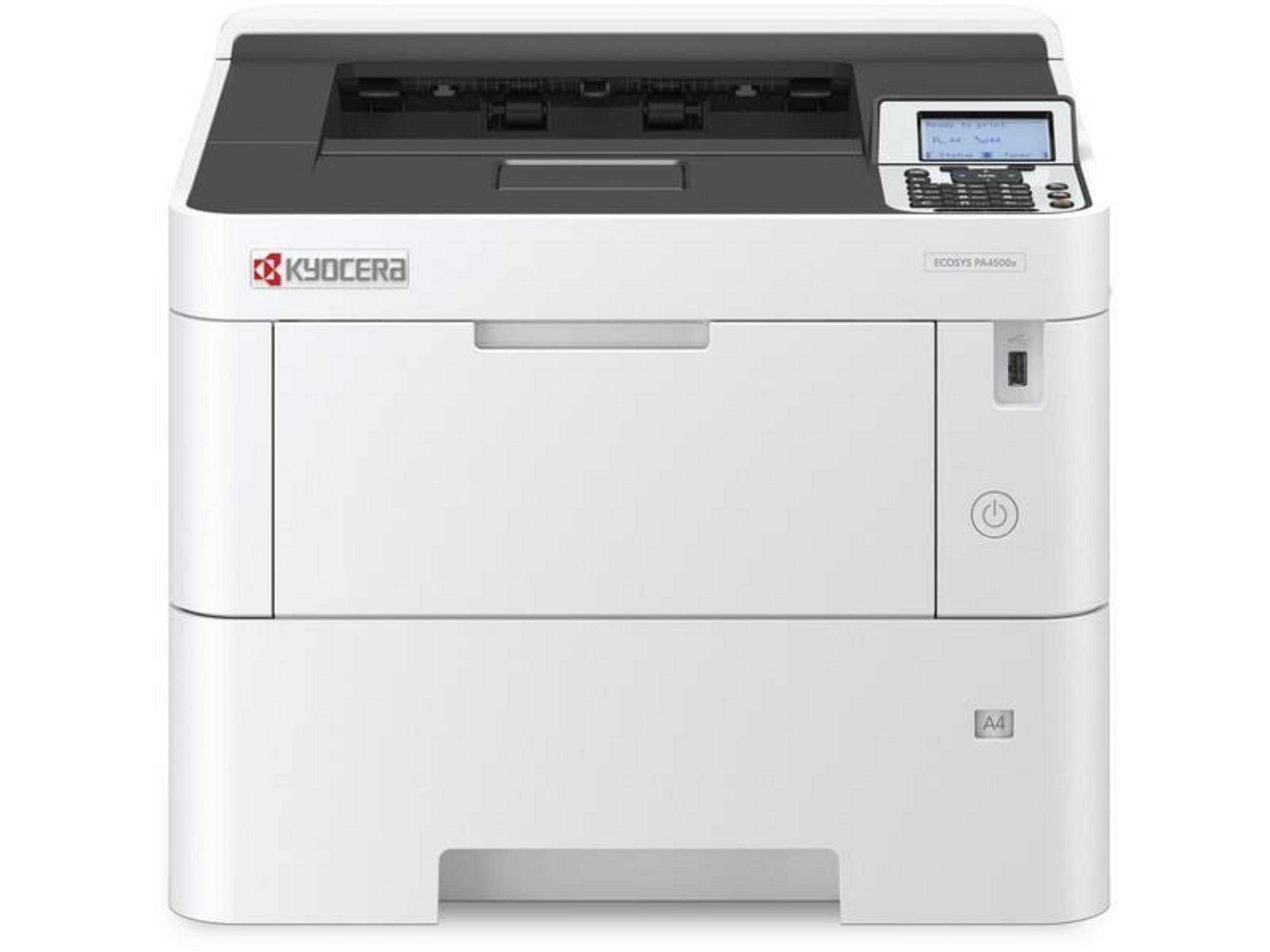 Biała drukarka Kyocera ECOSYS PA4500x z panelem sterowania i tacą.