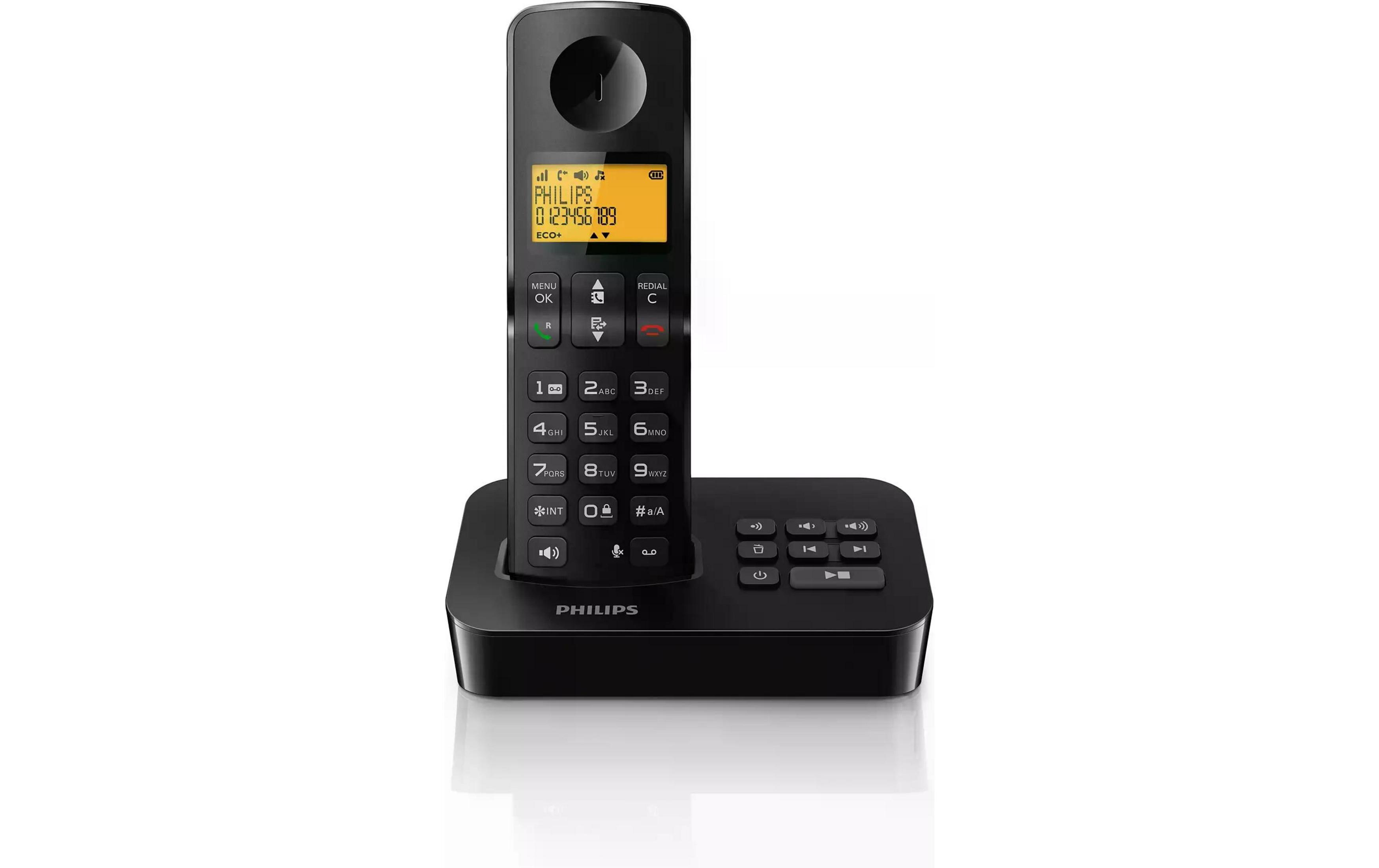 Schwarzes Schnurlostelefon von Philips auf einer Ladestation mit gelbem Display.