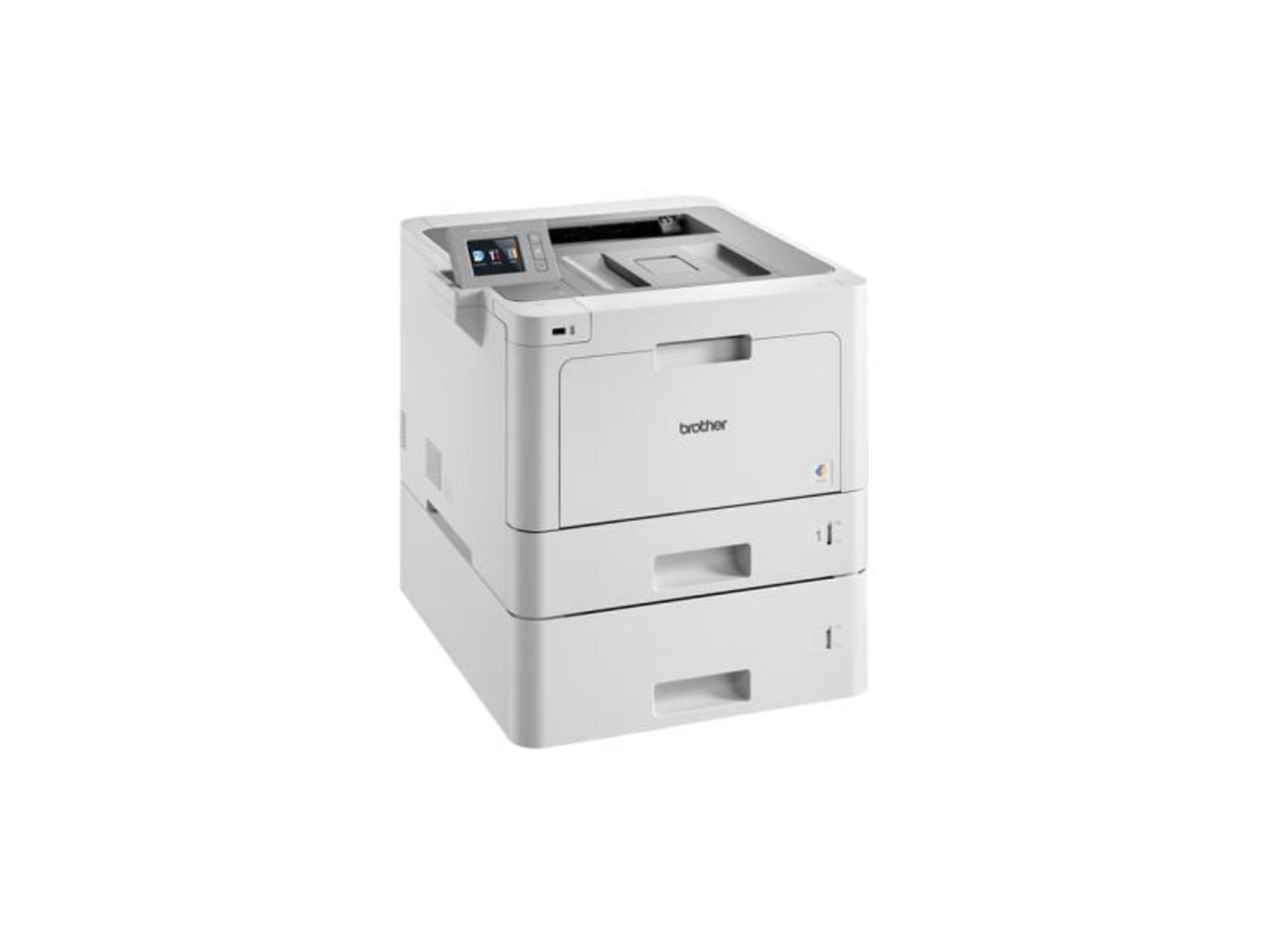 Una stampante laser Brother bianca con due cassetti e display touchscreen.