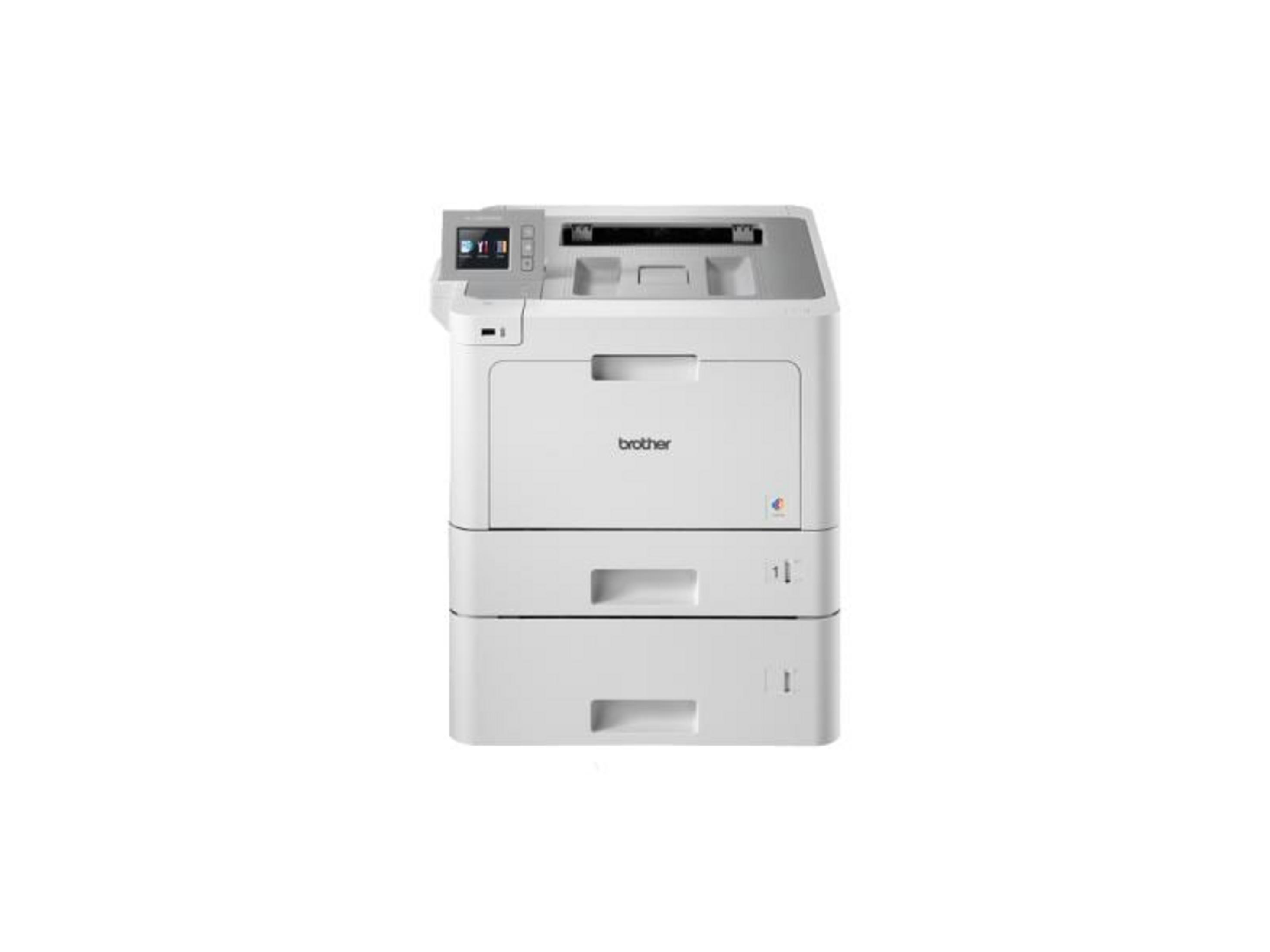 Una stampante laser Brother bianca con touchscreen e due cassetti carta.