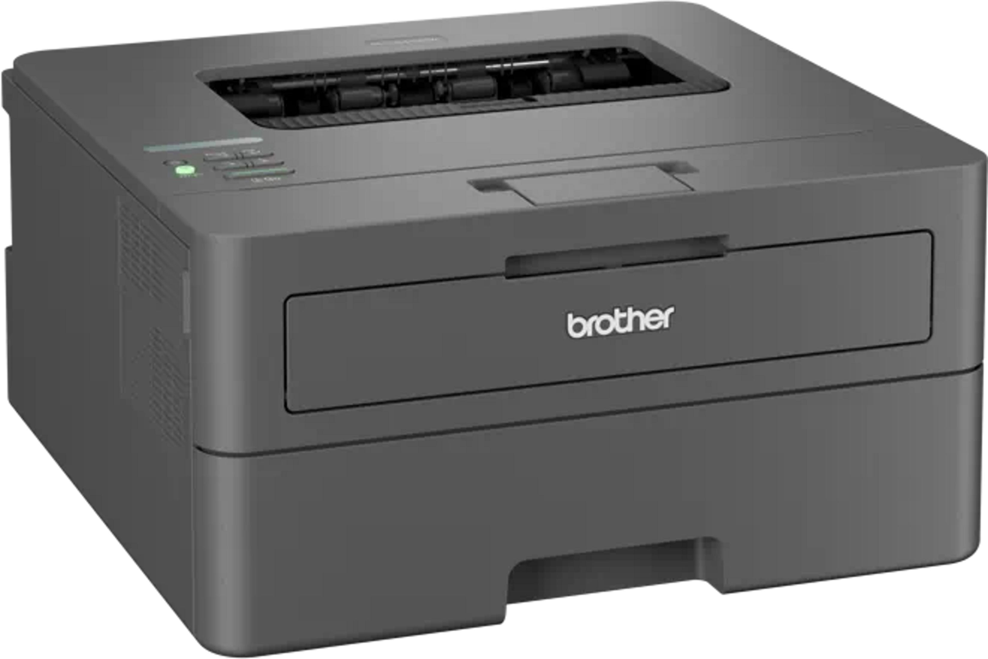 Una stampante laser Brother grigio scuro con vassoio e pannello.