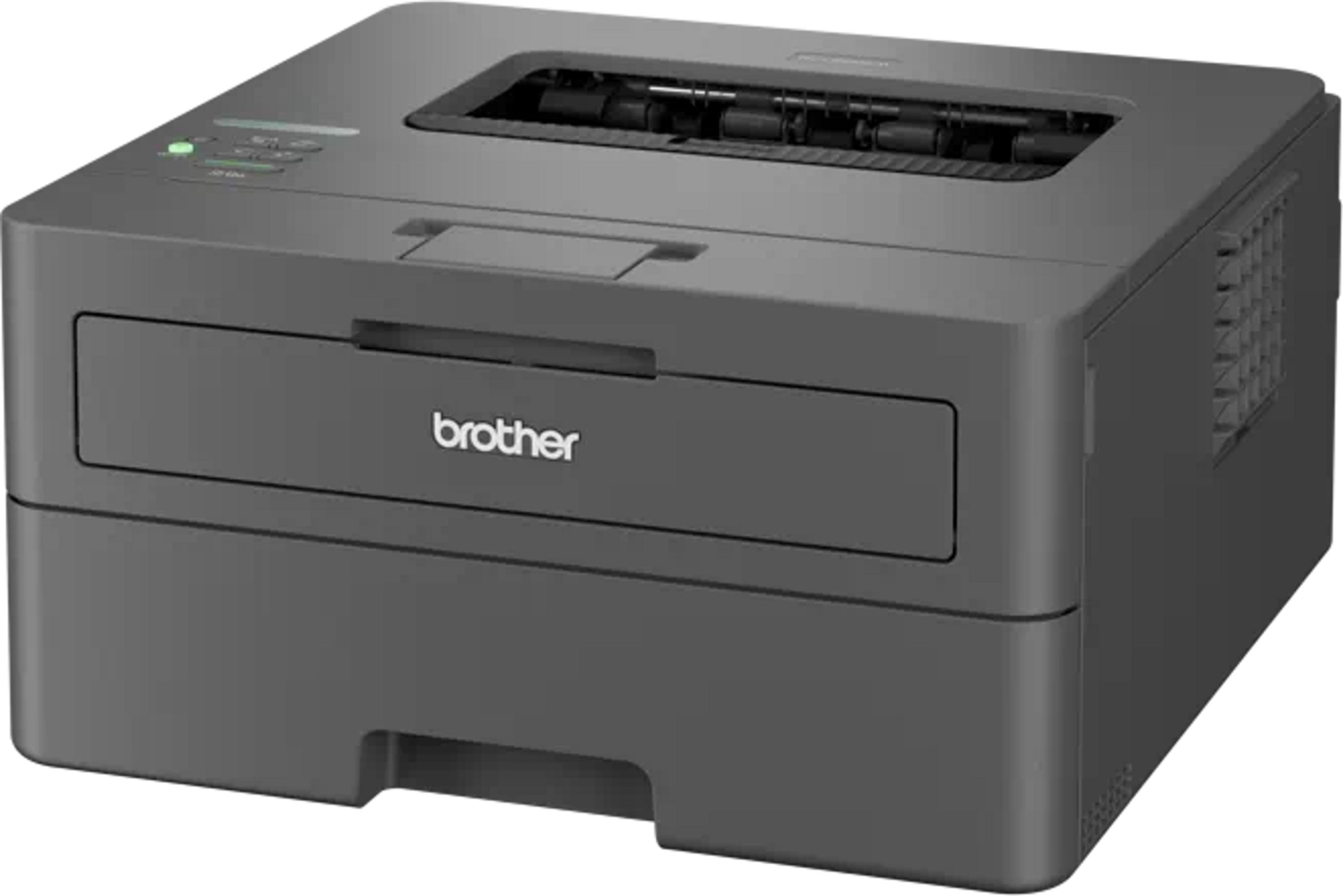 Una stampante laser Brother grigio scuro con vassoio carta e pannello di controllo.