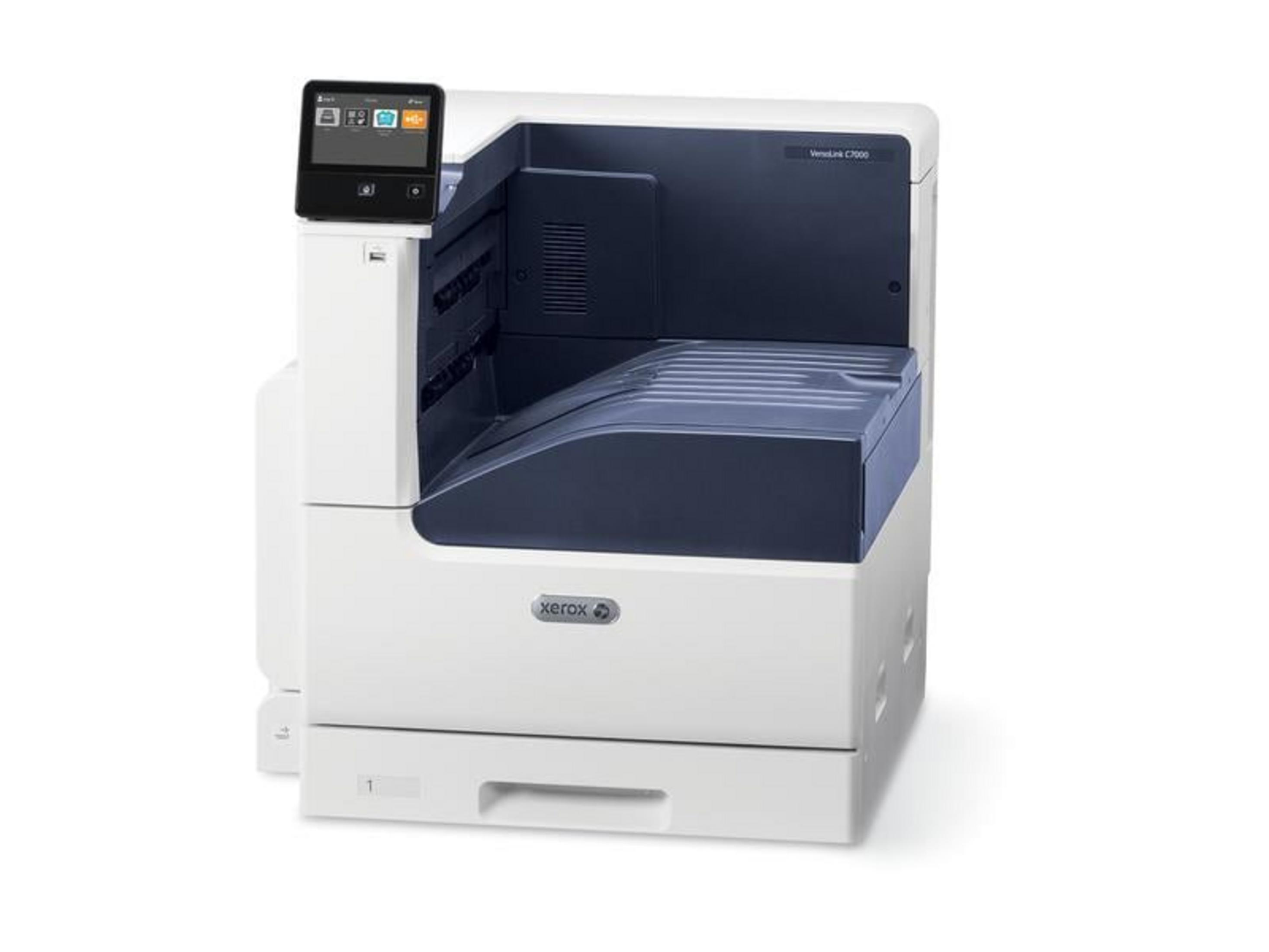 Une imprimante Xerox blanche et bleu foncé avec écran tactile et bac à papier.