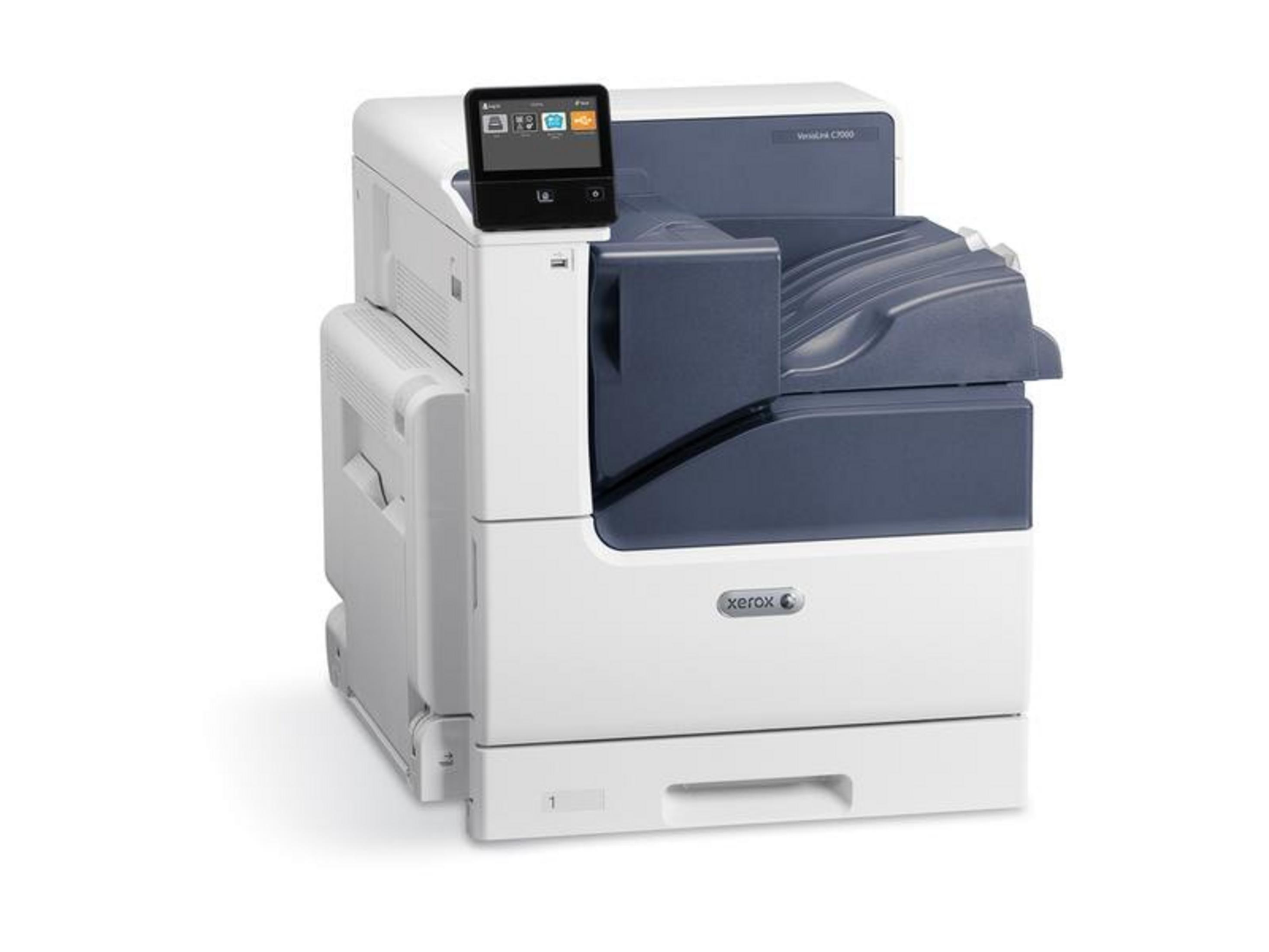 Une imprimante Xerox VersaLink C7000 blanche et bleu foncé avec écran tactile.