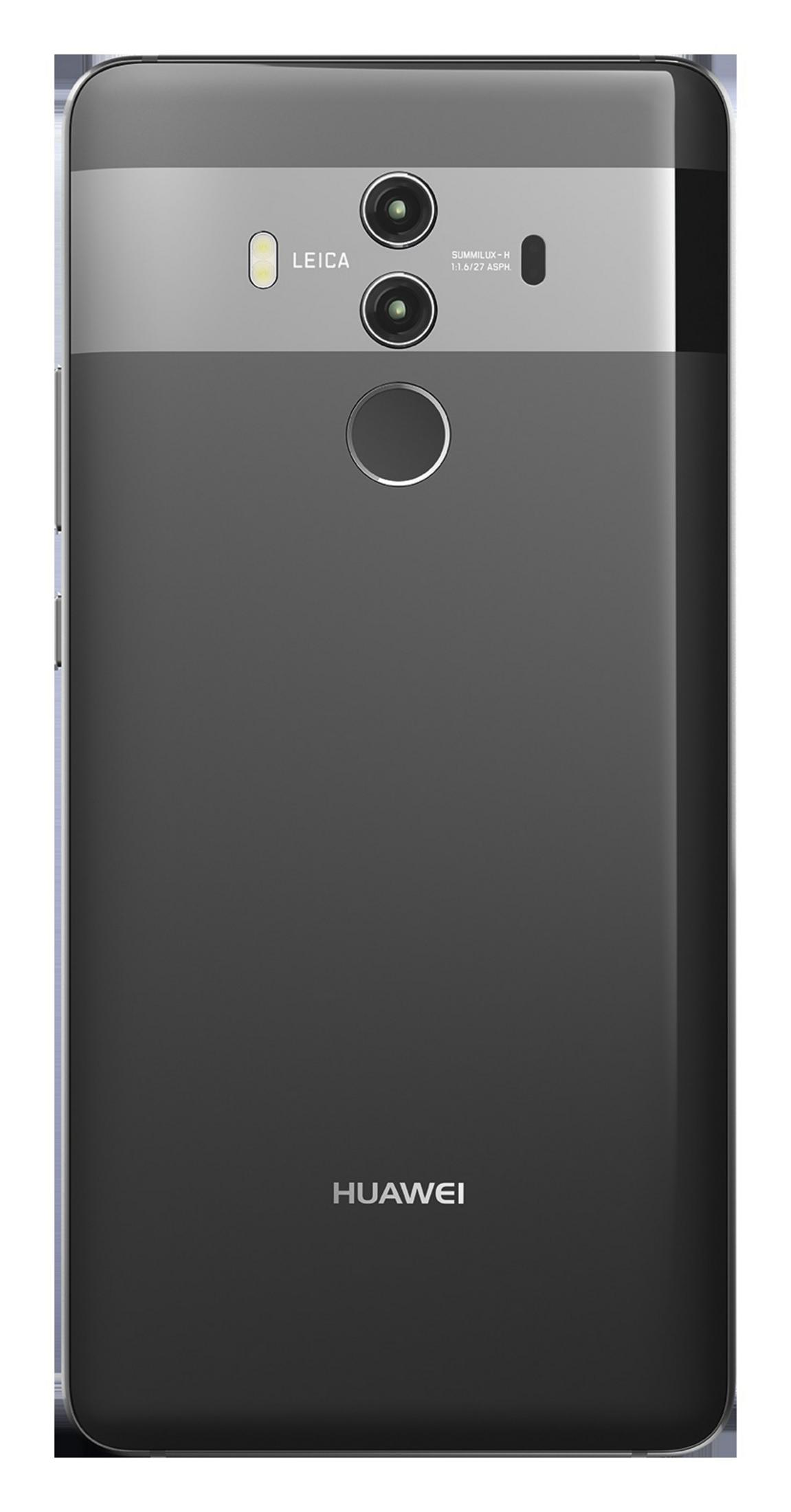 Vista posteriore di un telefono Huawei scuro con doppia fotocamera e marchio Leica.