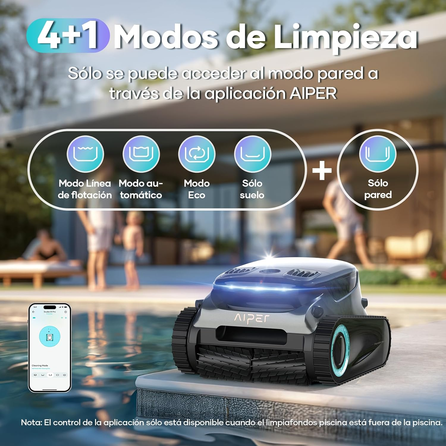 Un robot de piscina con 4+1 modos de limpieza junto a la piscina. Se muestra una app.