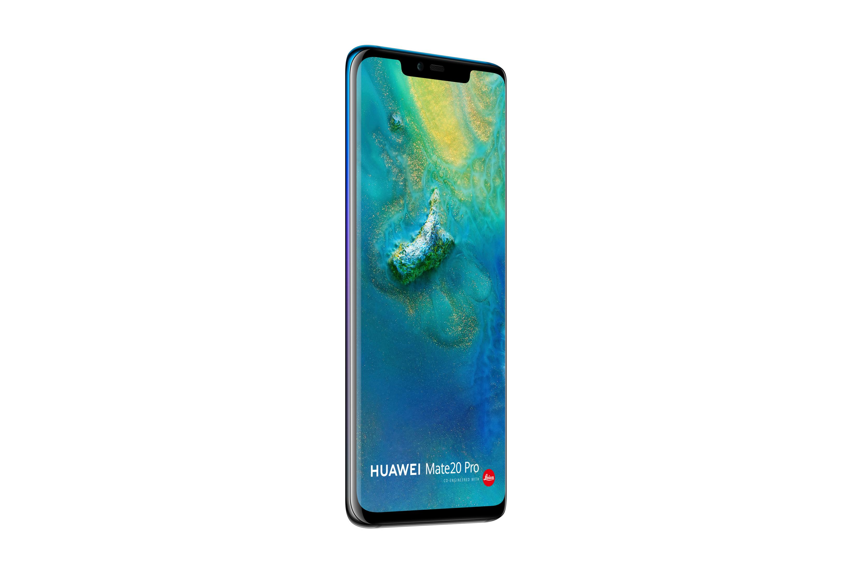 Niebieski smartfon Huawei Mate 20 Pro z abstrakcyjnym tłem na ekranie.
