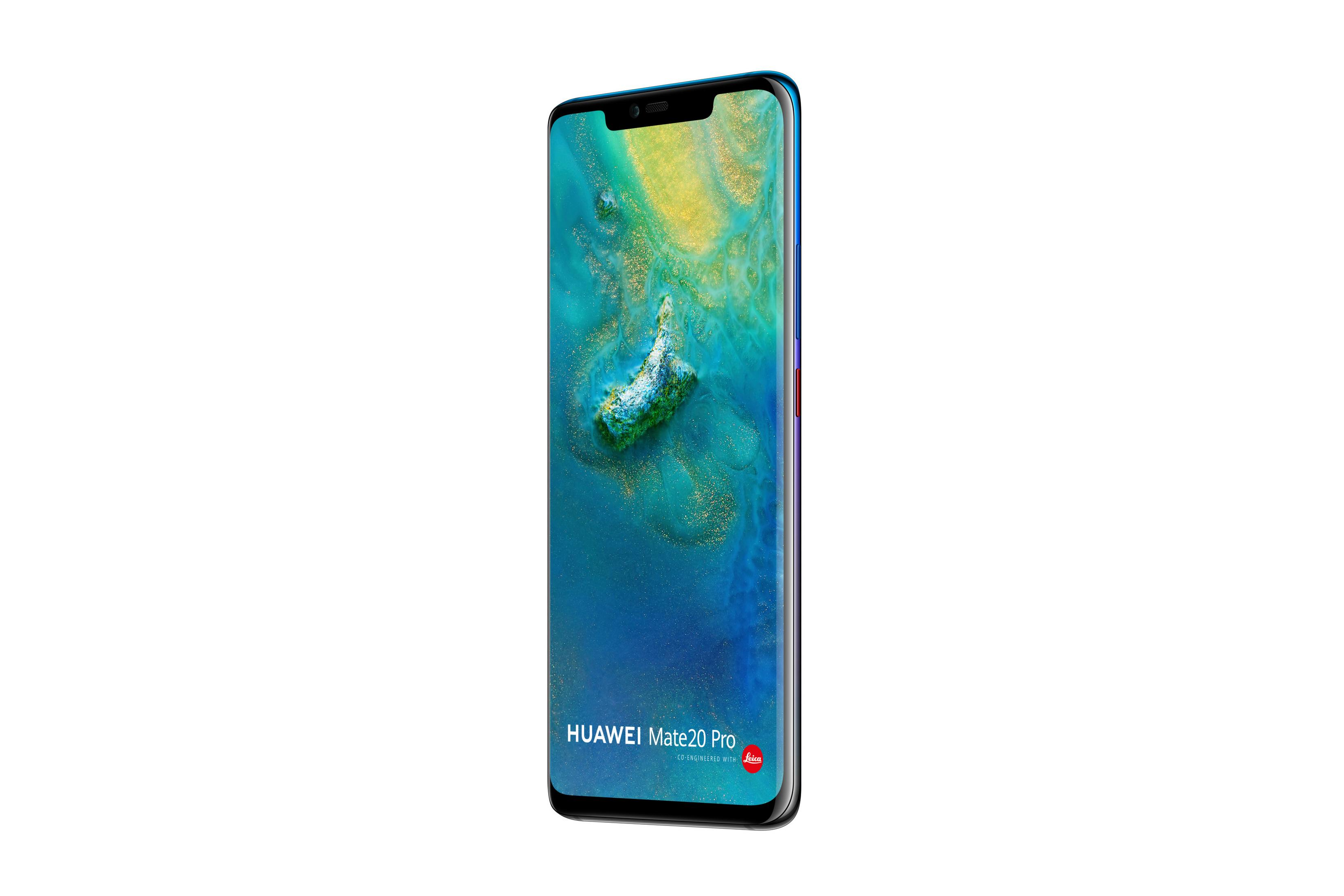 Smartfon Huawei Mate 20 Pro z niebieską krawędzią i kolorową tapetą.
